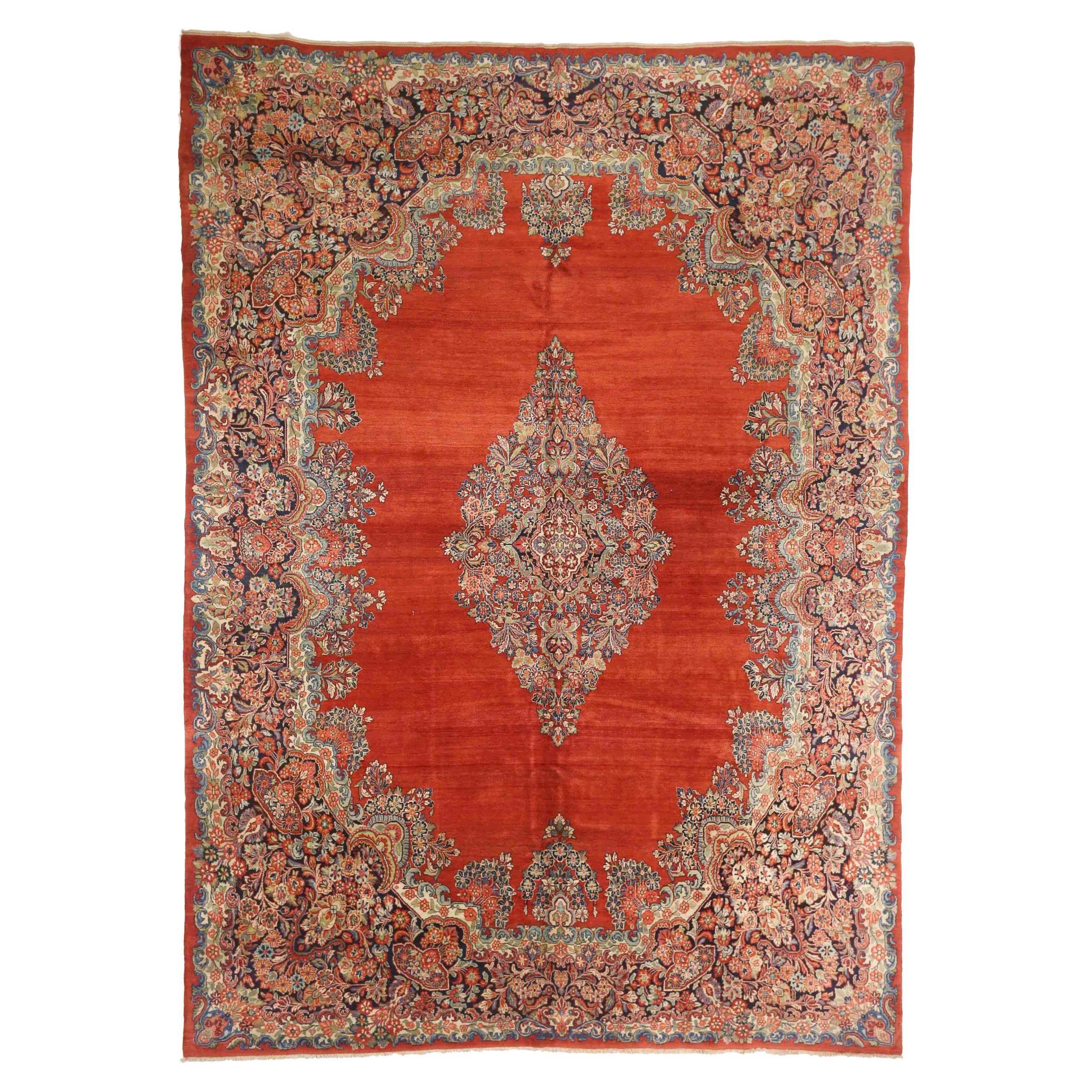 Tapis persan Sarouk Circa 1940 - Laine Ivoire Bleu marine Rouge 72198