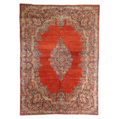 Tapis persan Sarouk Circa 1940 - Laine Ivoire Bleu marine Rouge 72198