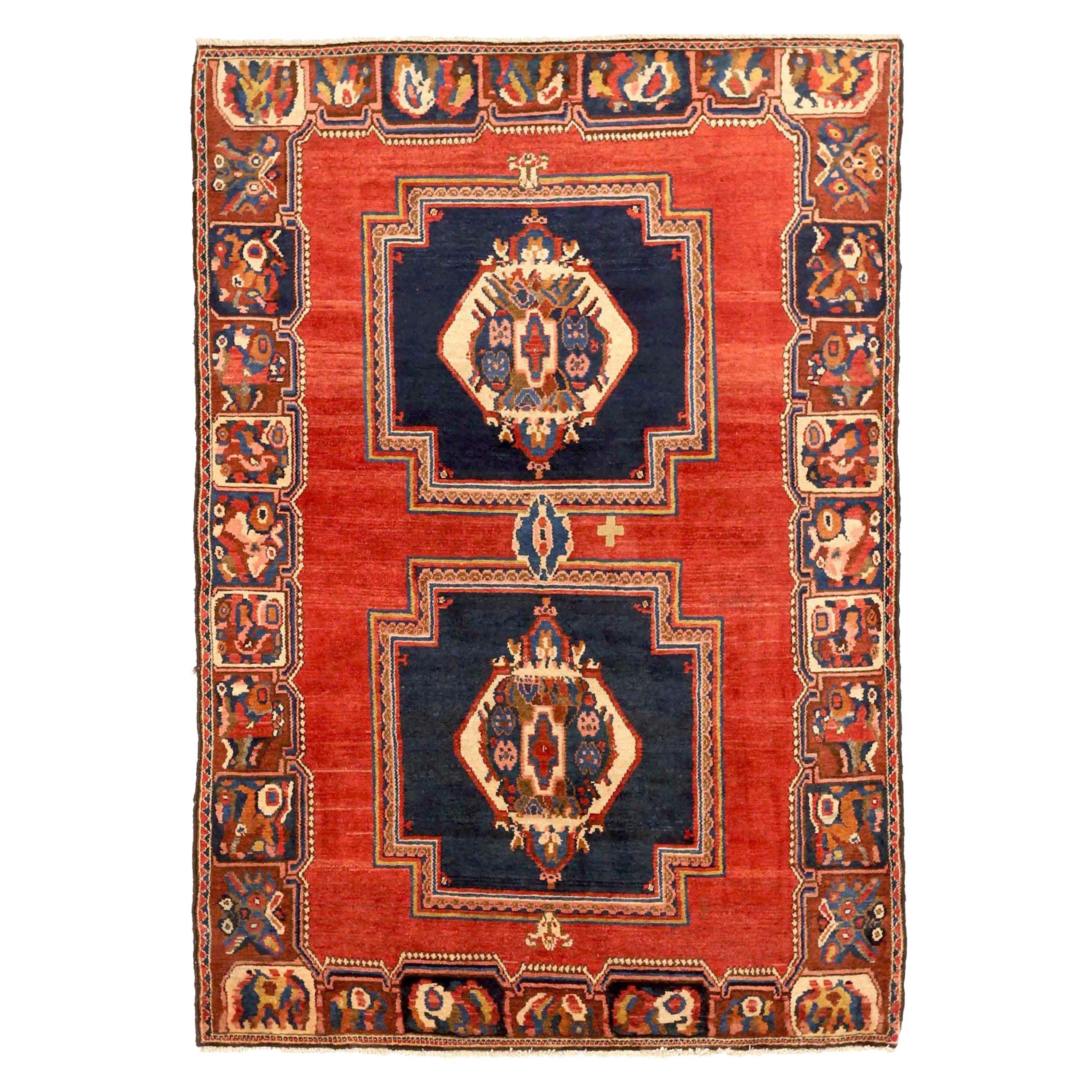 Persischer Bakhtiari Kleiner Teppich Circa 1940 - Wolle Elfenbein Marineblau Blau Rot 72232