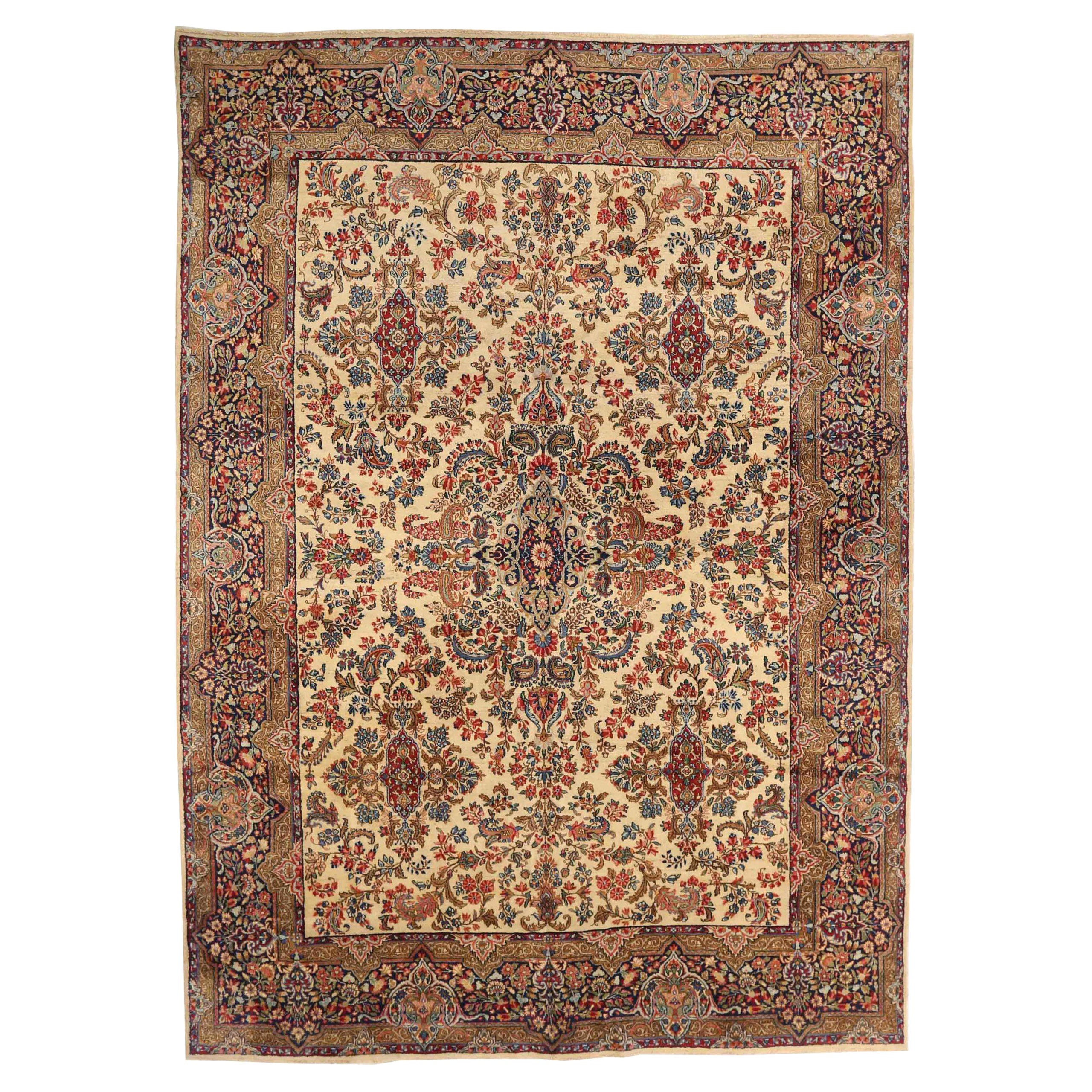 Tapis persans Kerman vers 1940 - Laine bleu ivoire rouge 72235