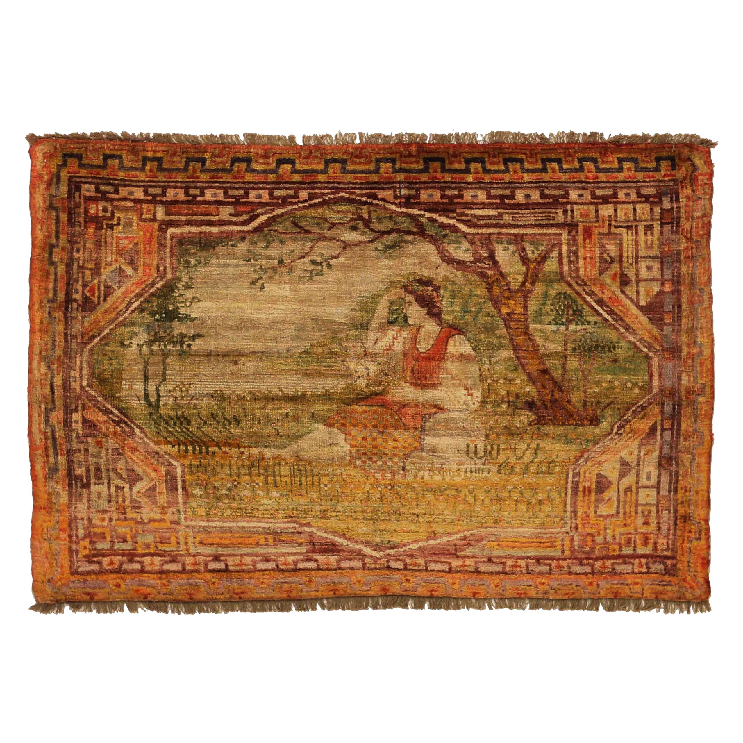 Russian Khotan Small Rug Circa 1940 - Wool Green Ivory Red Yellow 72253