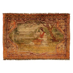 Petit tapis russe Khotan datant d'environ 1940 - Laine verte ivoire rouge jaune 72253