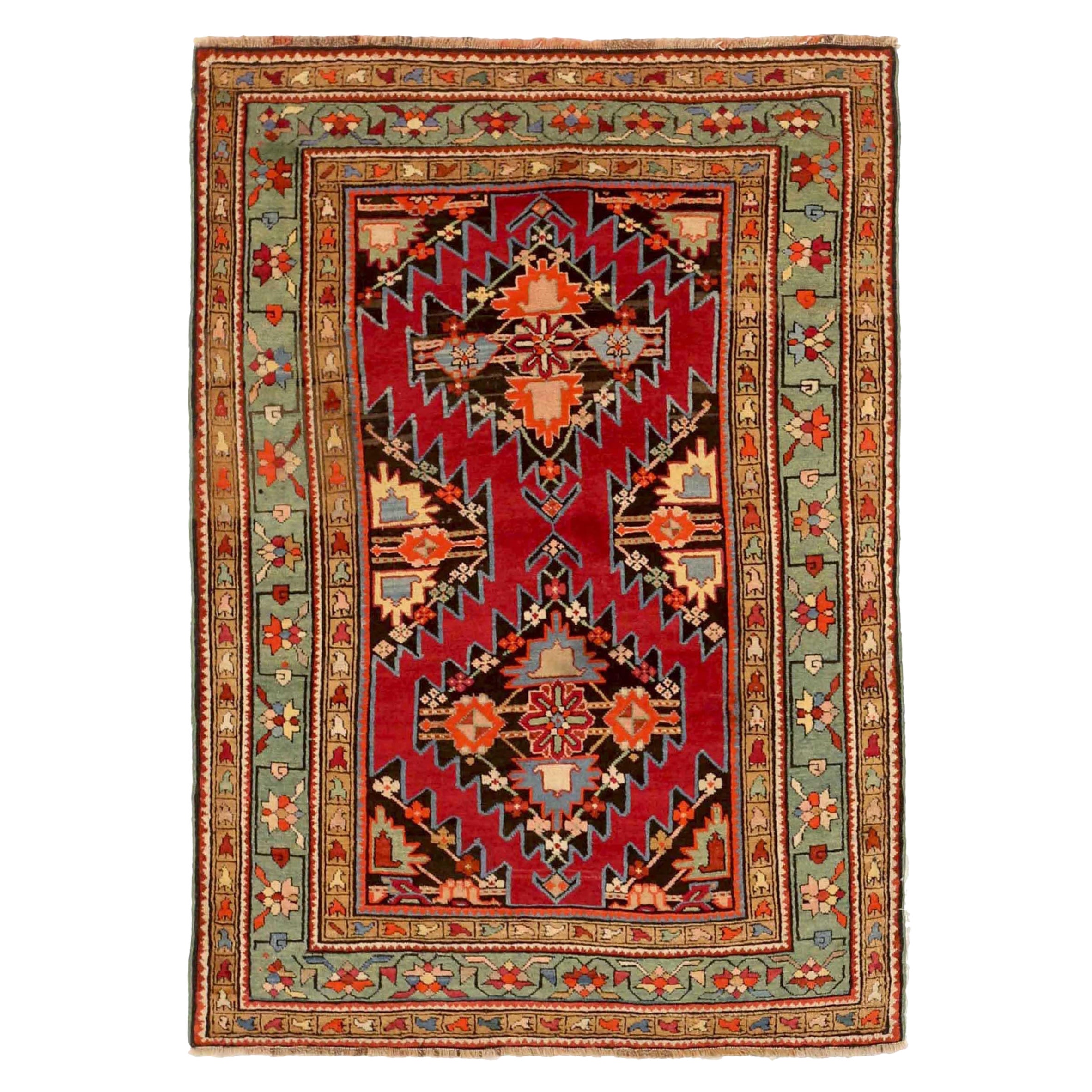 Russischer Gharebagh Kleiner Teppich CIRCA 1910 - Wolle Braun Grün Rot 72255