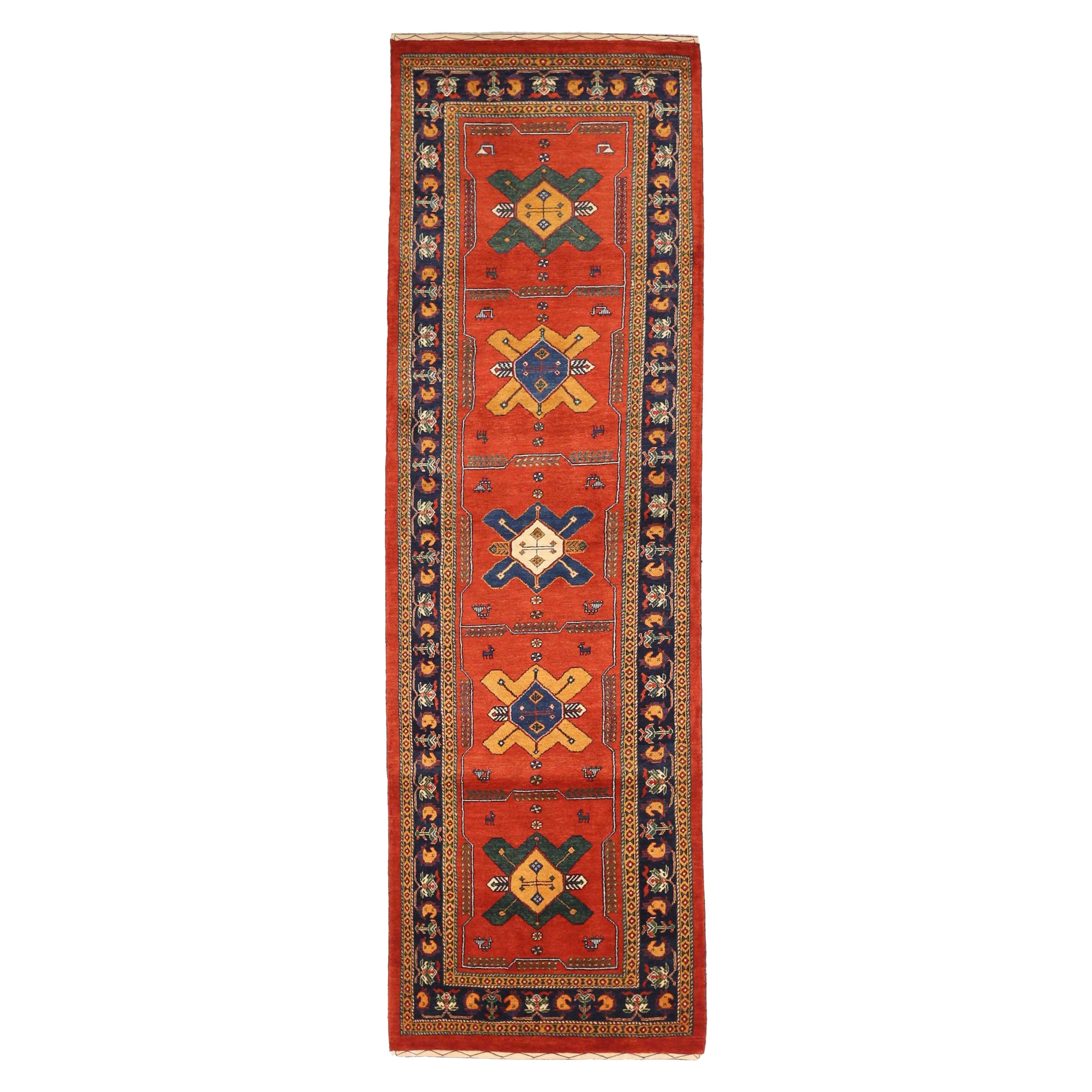 Tappeto Persiano Gabbeh Runner Circa 1940 - Lana Blu Verde Rosso Giallo 72323