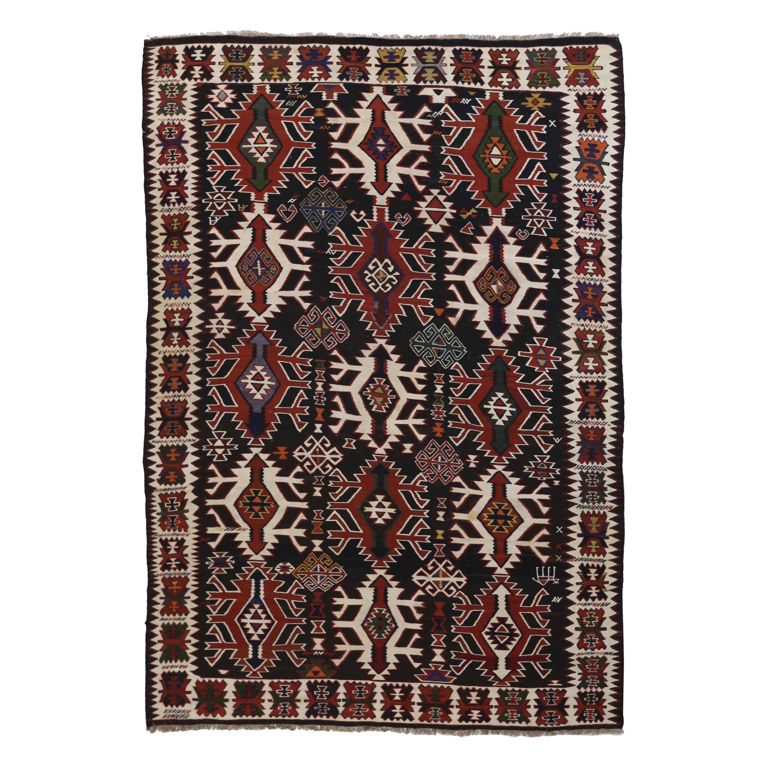 Russian Kilim Area Rugs Circa 1940 - Wool Black Ivory Red 72337 For Sale