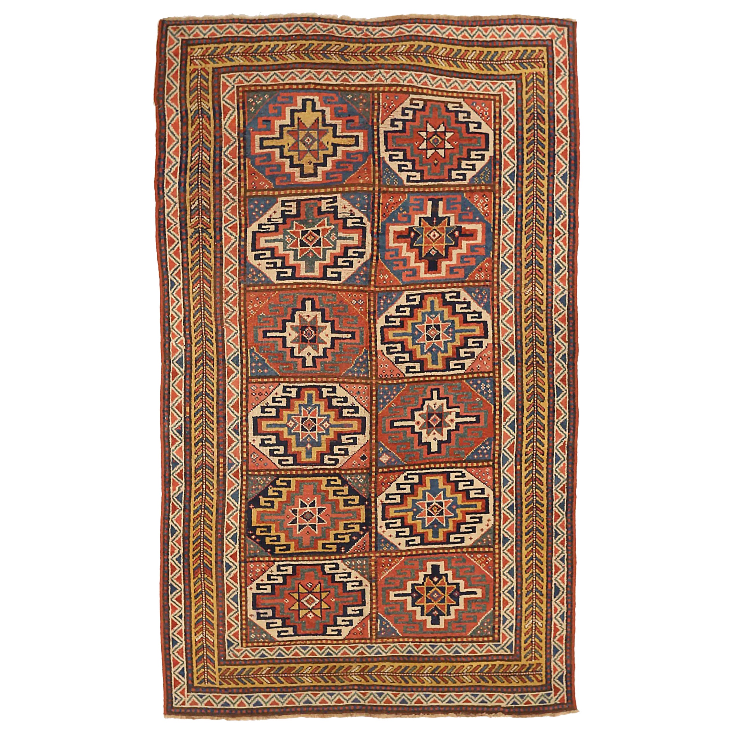 Alfombra Rusa Kazak Pequeña Circa 1910 - Lana Azul Rojo Amarillo 72427