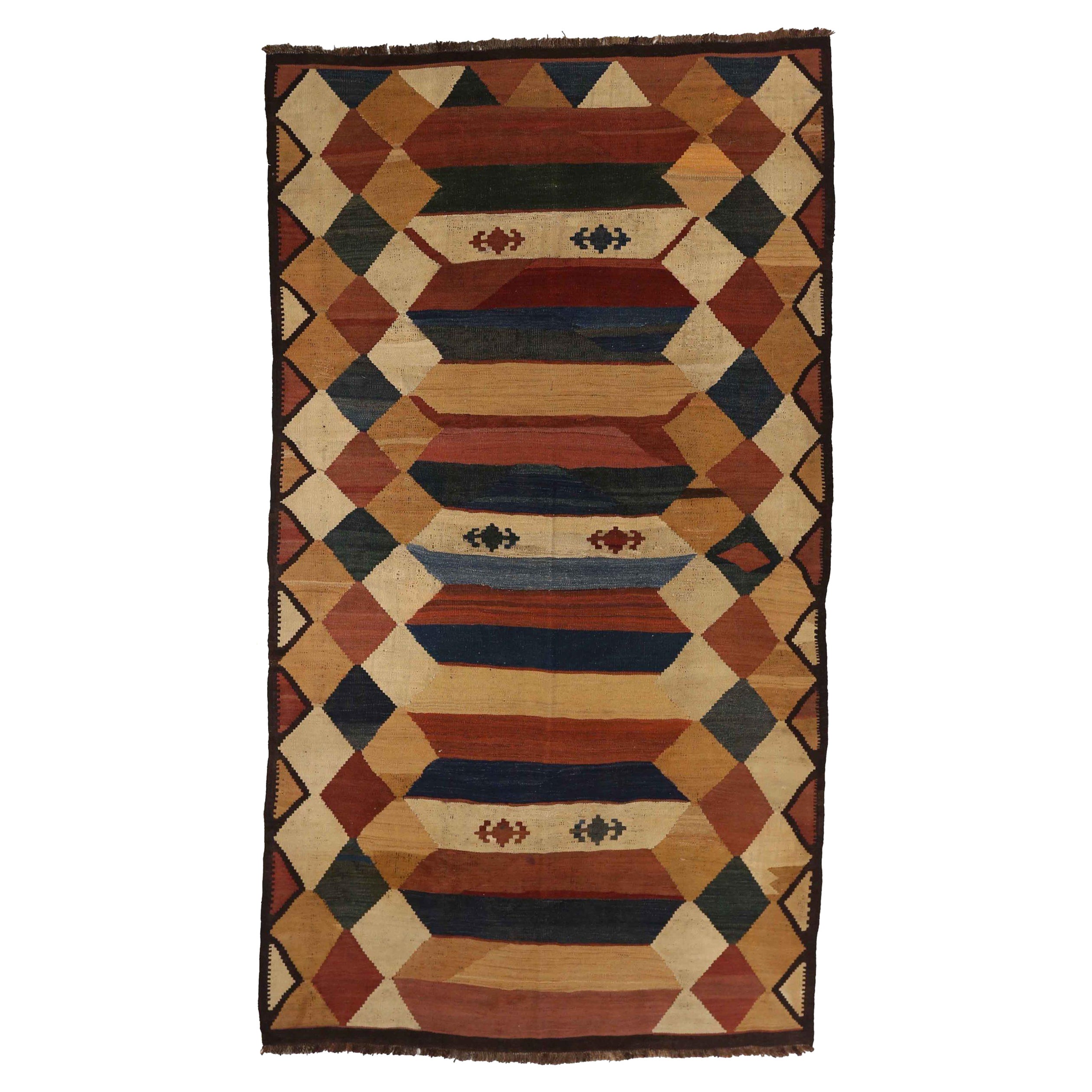 Russian Kilim Area Rugs Circa 1910 - Wool Ivory Navy Blue Red Yellow 72429 For Sale