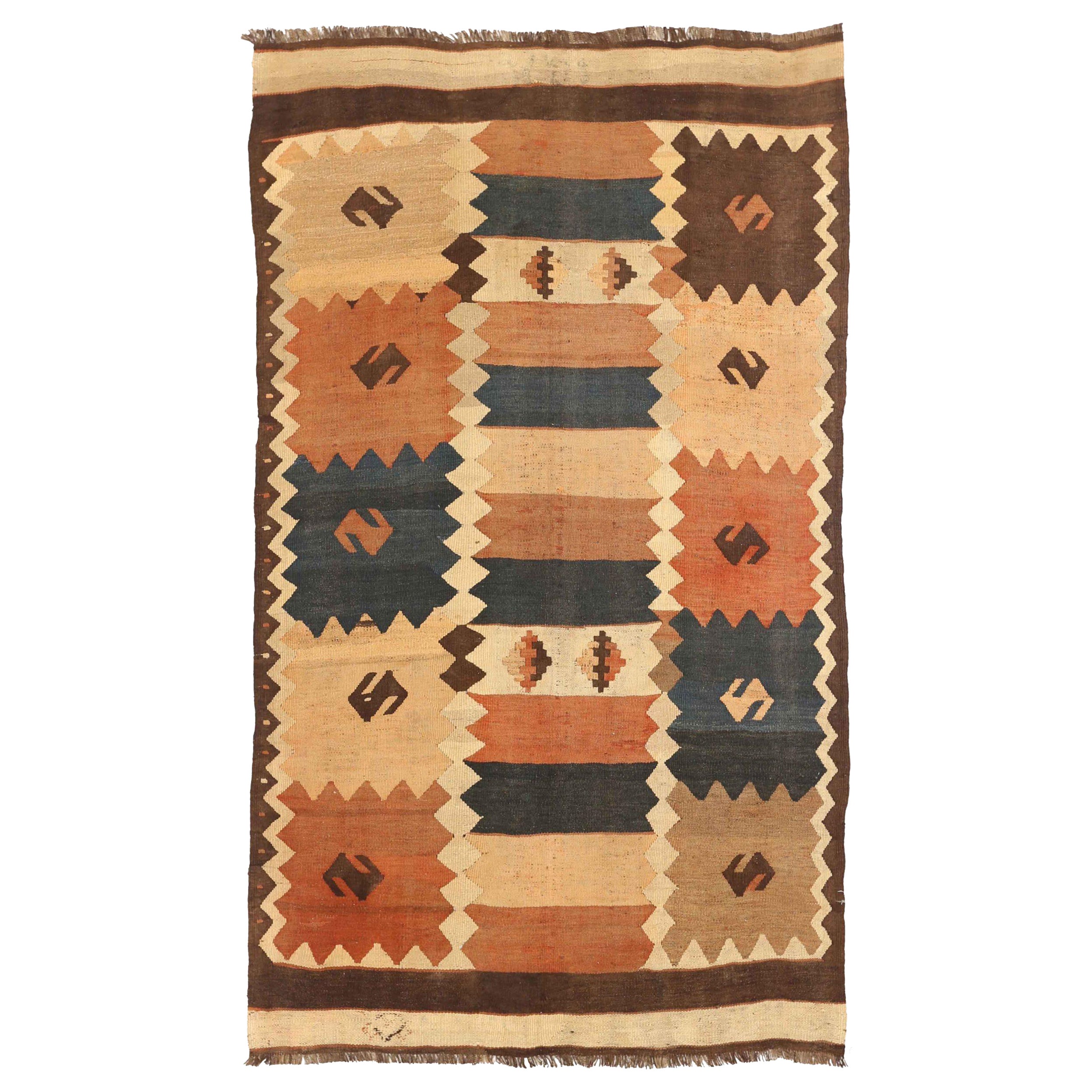 Russian Kilim Small Rug Circa 1910 - Wool Brown Ivory Navy Blue Red 72433