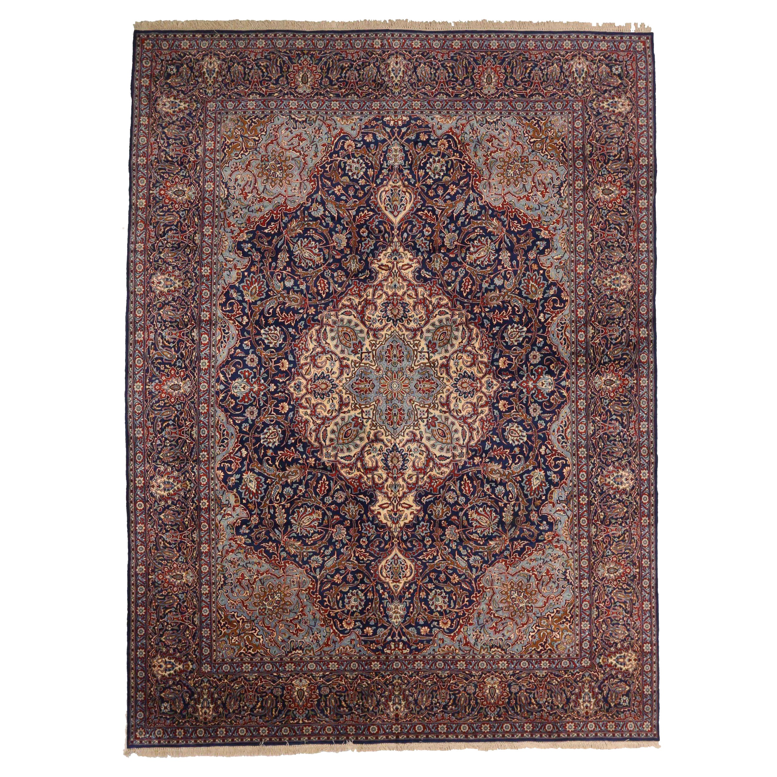Tapis persans Kerman vers 1940 - Laine bleu ivoire bleu marine bleu 72471 en vente