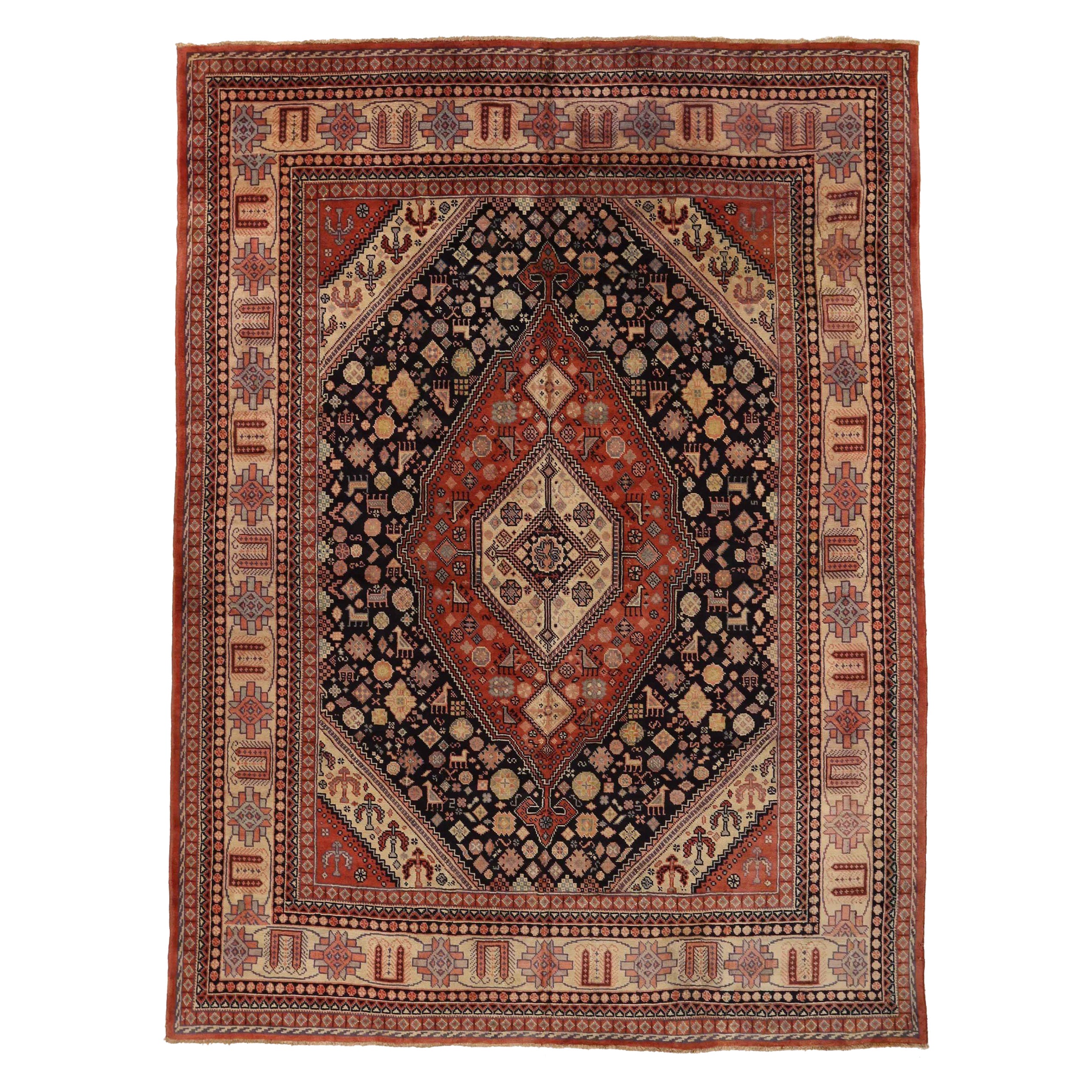 Tapis persan Meshkin Circa 1910 - Laine Noir Ivoire Rouge 72518