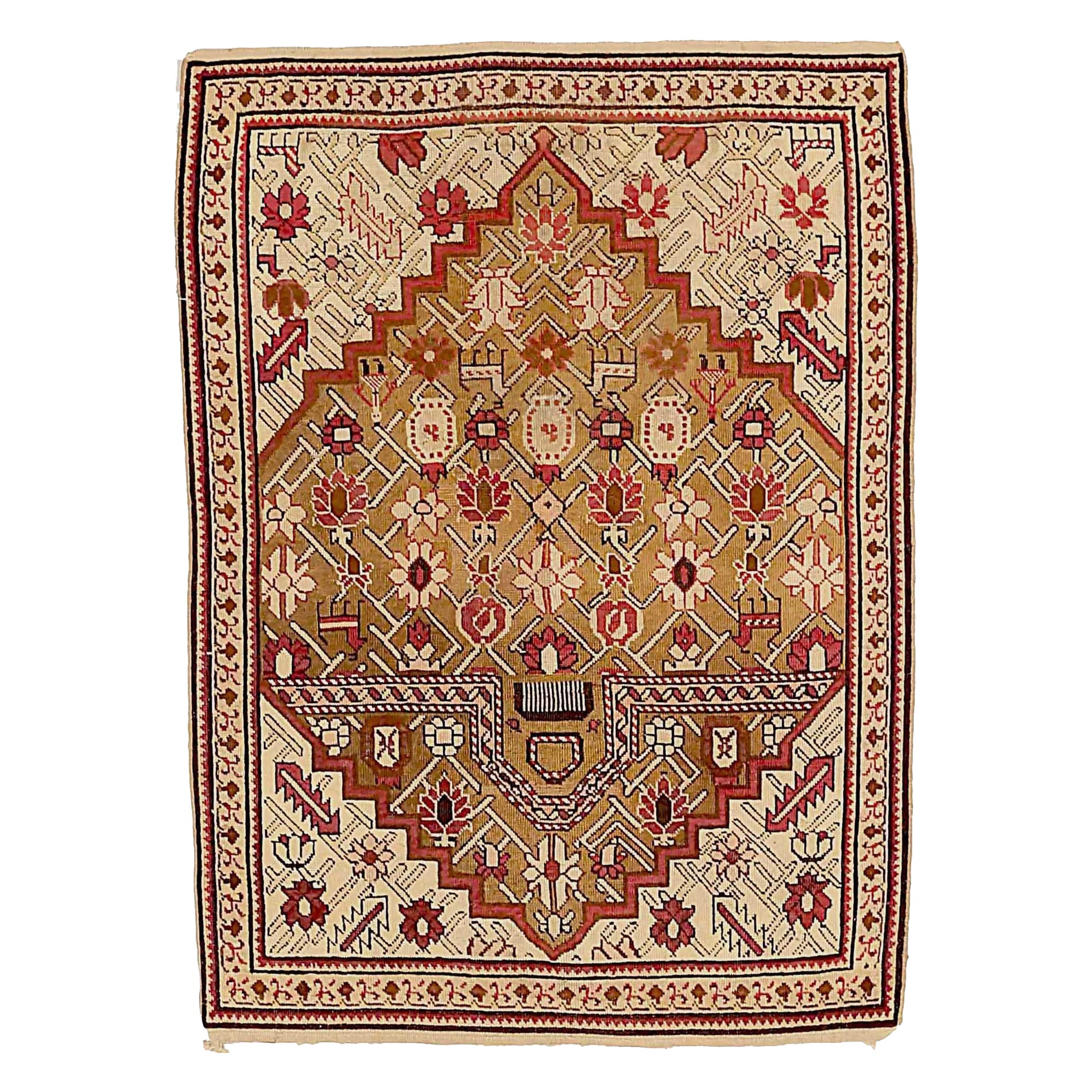 Russischer Karabagh Kleiner Teppich Circa 1910 - Wolle Elfenbein Rot Taupe 72494