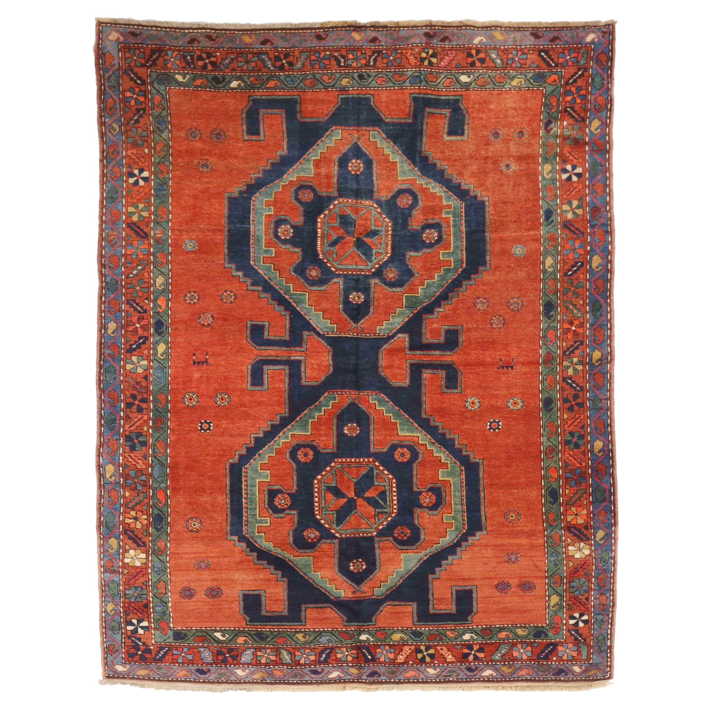 Russian Kazak Small Rug Circa 1910 - Wool Green Navy Blue Red 72500