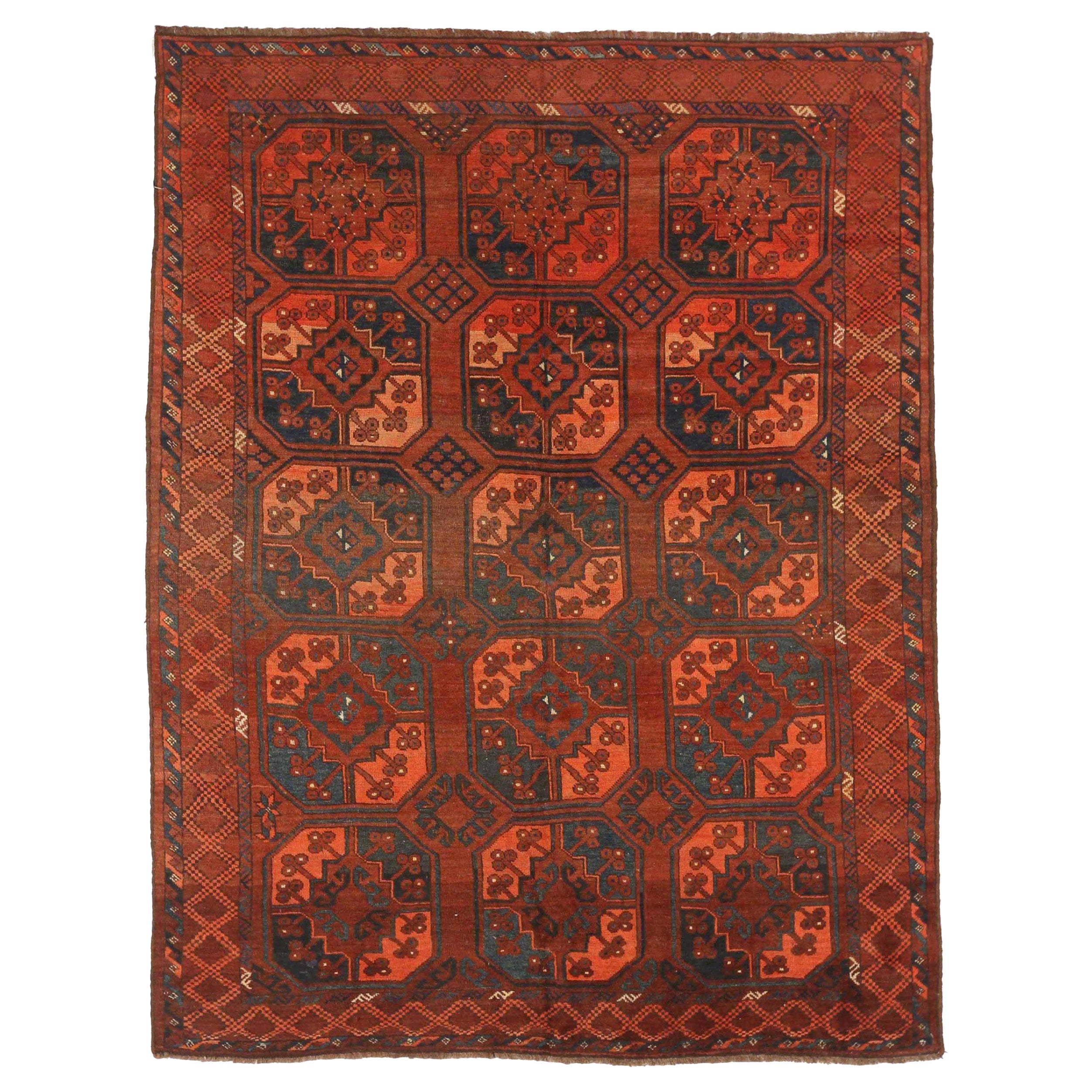 Afghanistan Tekeh Small Rug Circa 1910 - Wool Blue Orange Red 72504