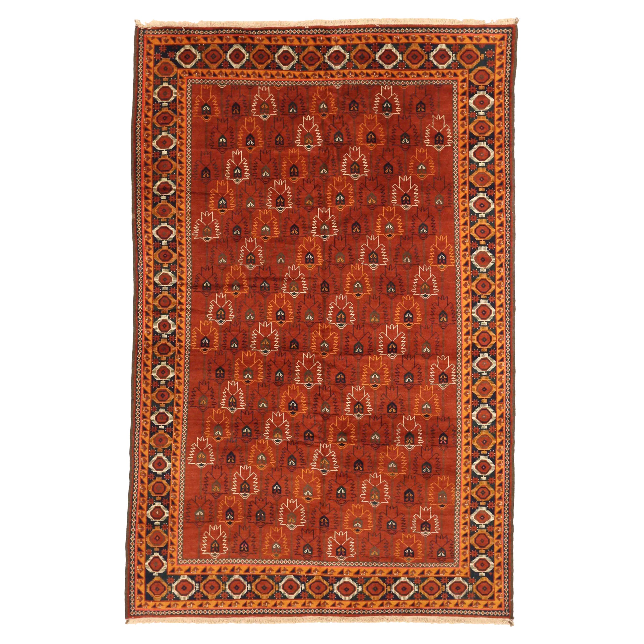 Tapis Bashir d'Afghanistan datant d'environ 1940 - Laine ivoire rouge jaune 72535