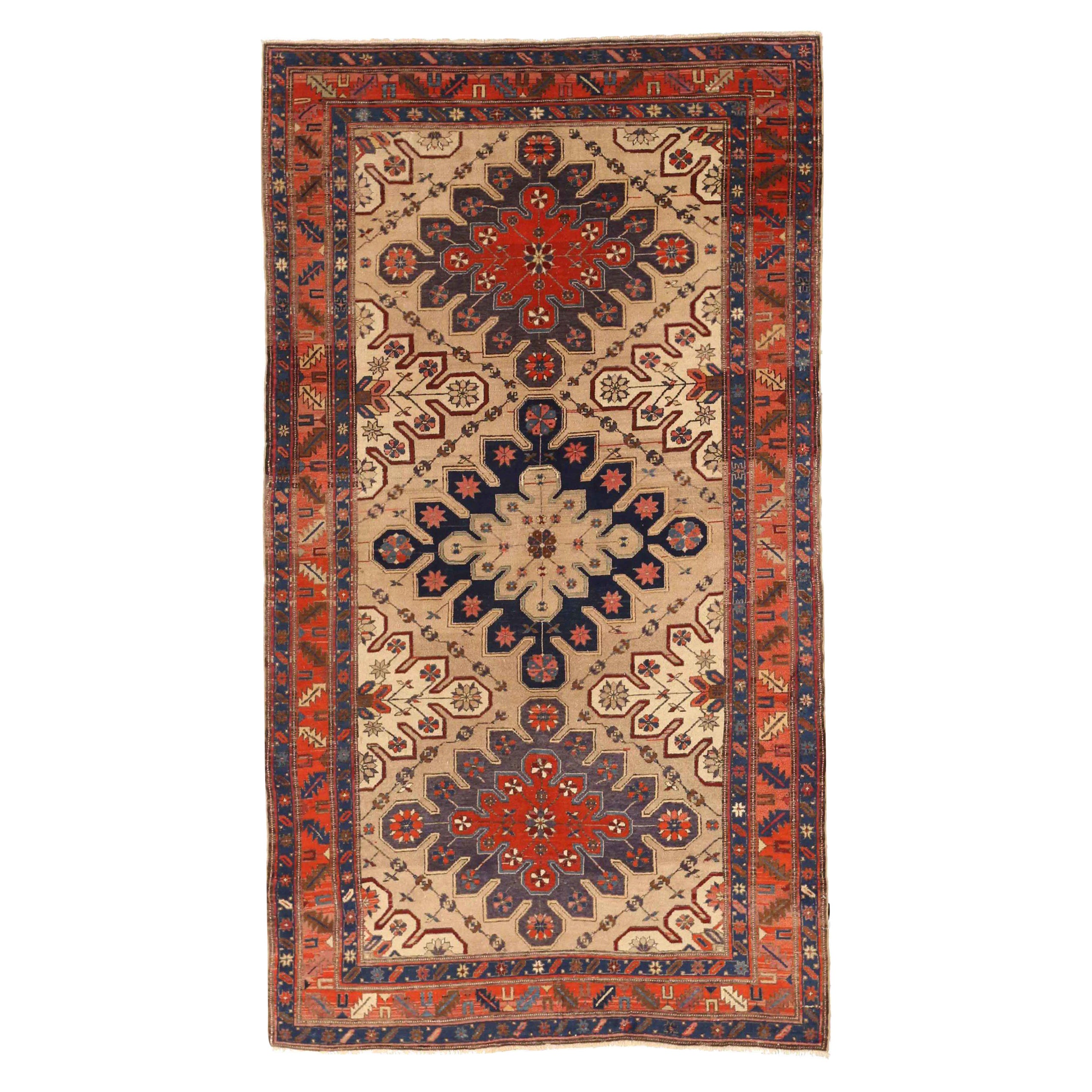 Alfombra Rusa Pequeña Circa 1940 - Lana Marfil Azul Marino Rojo Topo 72562