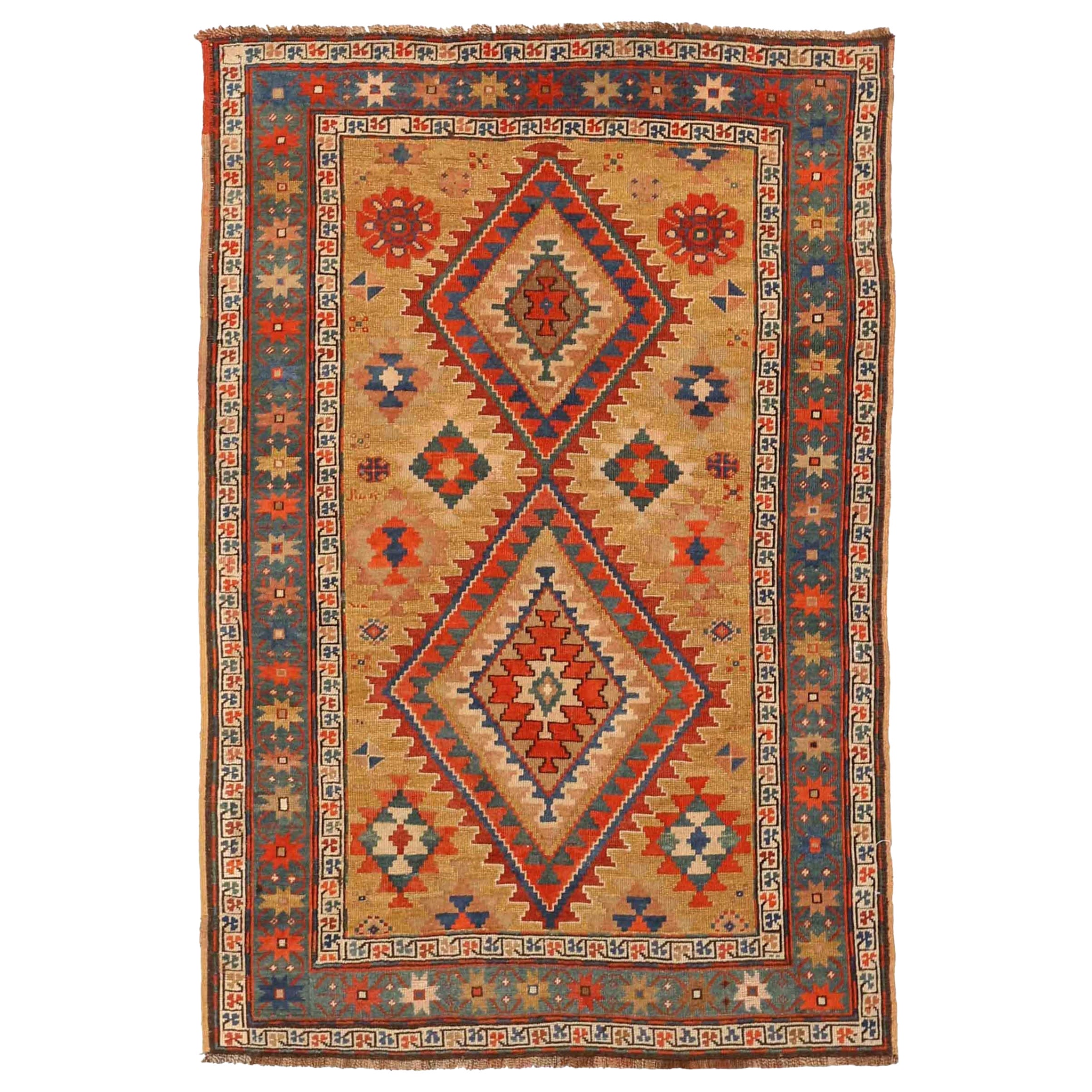 Russischer Karabagh Kleiner Teppich CIRCA 1910 - Wolle Blau Rot Gelb 72549