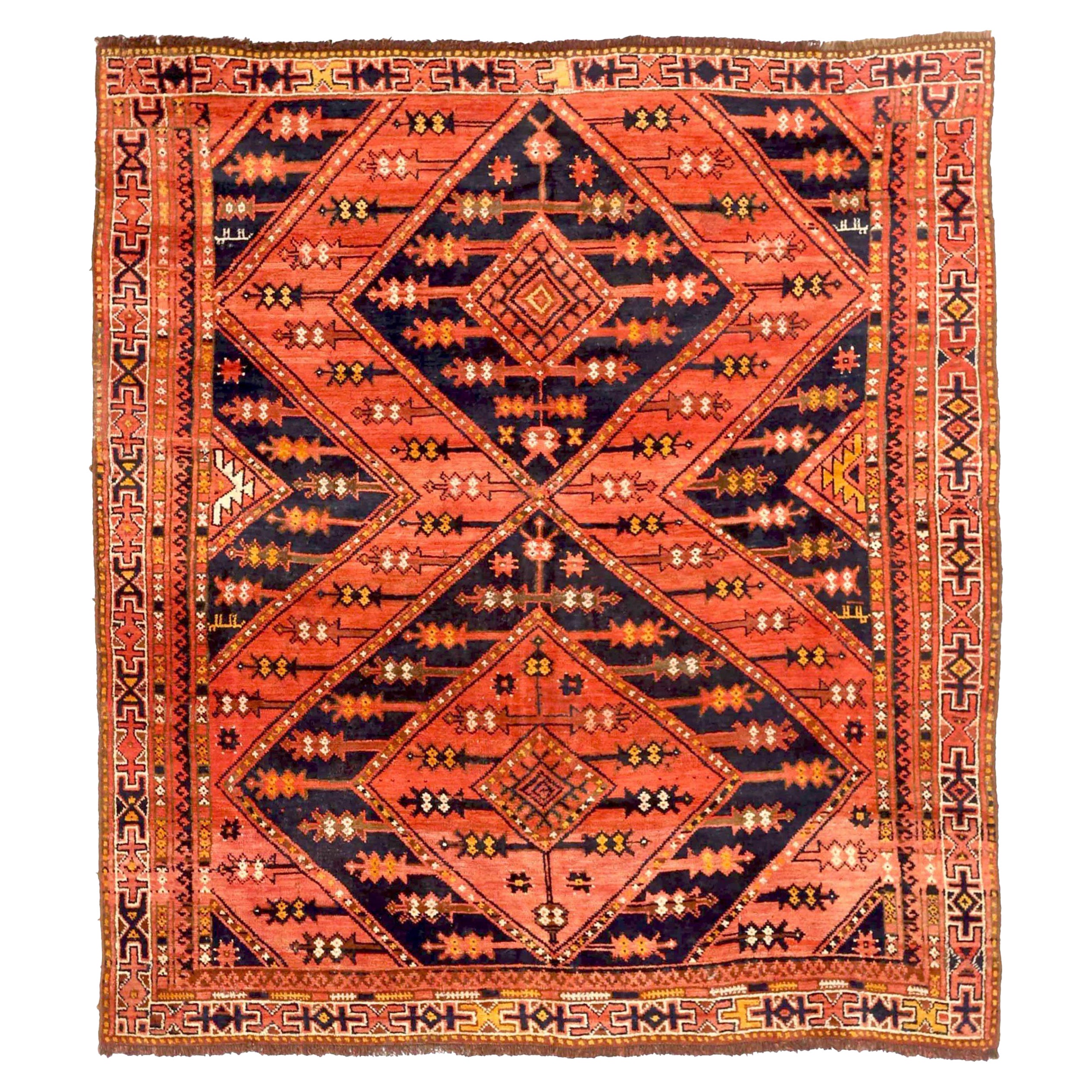 Alfombra Rusa Uzbak Pequeña Circa 1910 - Lana Azul Marino Rojo Amarillo 72555
