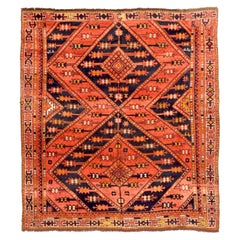 Alfombra Rusa Uzbak Pequeña Circa 1910 - Lana Azul Marino Rojo Amarillo 72555