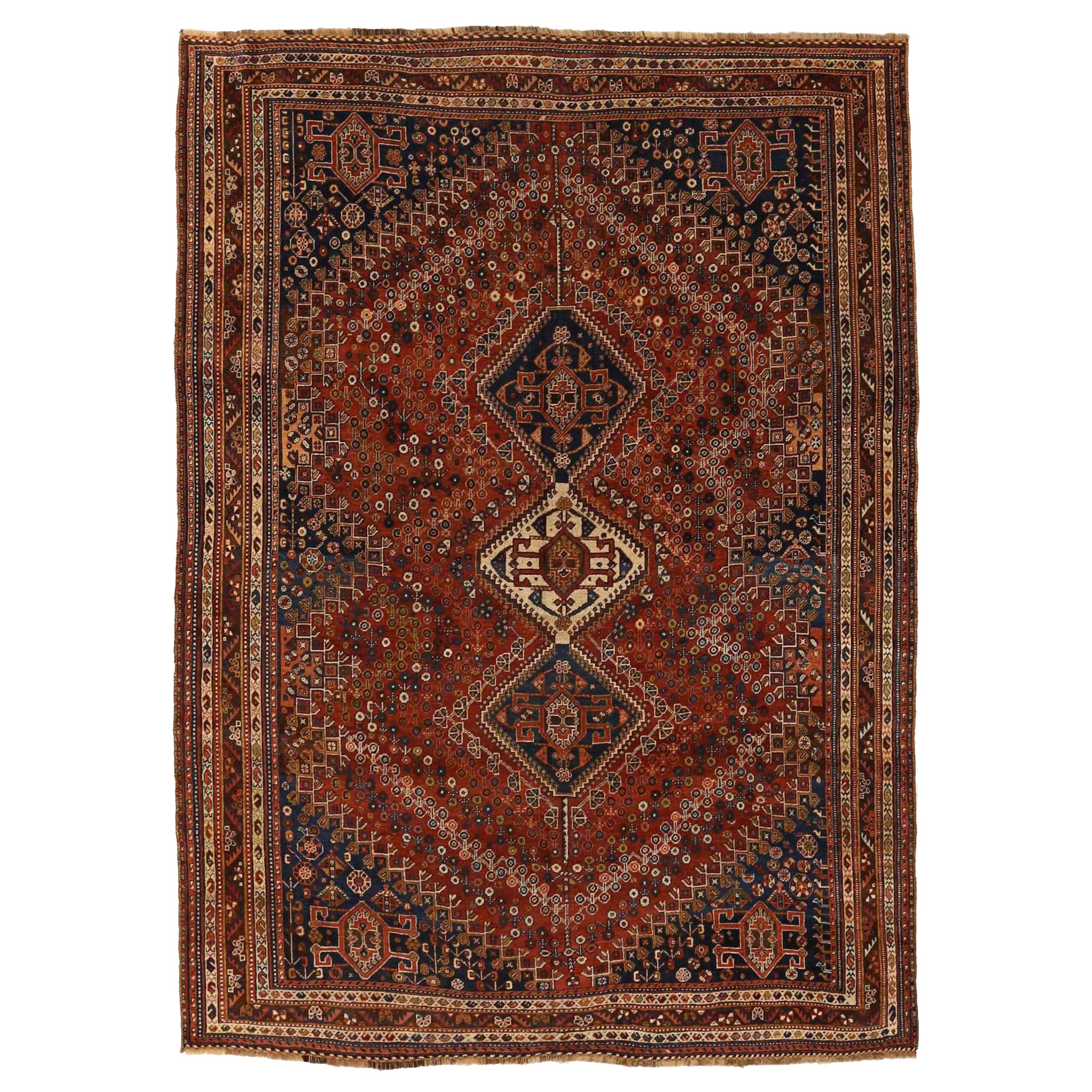 Tapis persans Shiraz - Laine ivoire bleu marine bleu rouge 72663