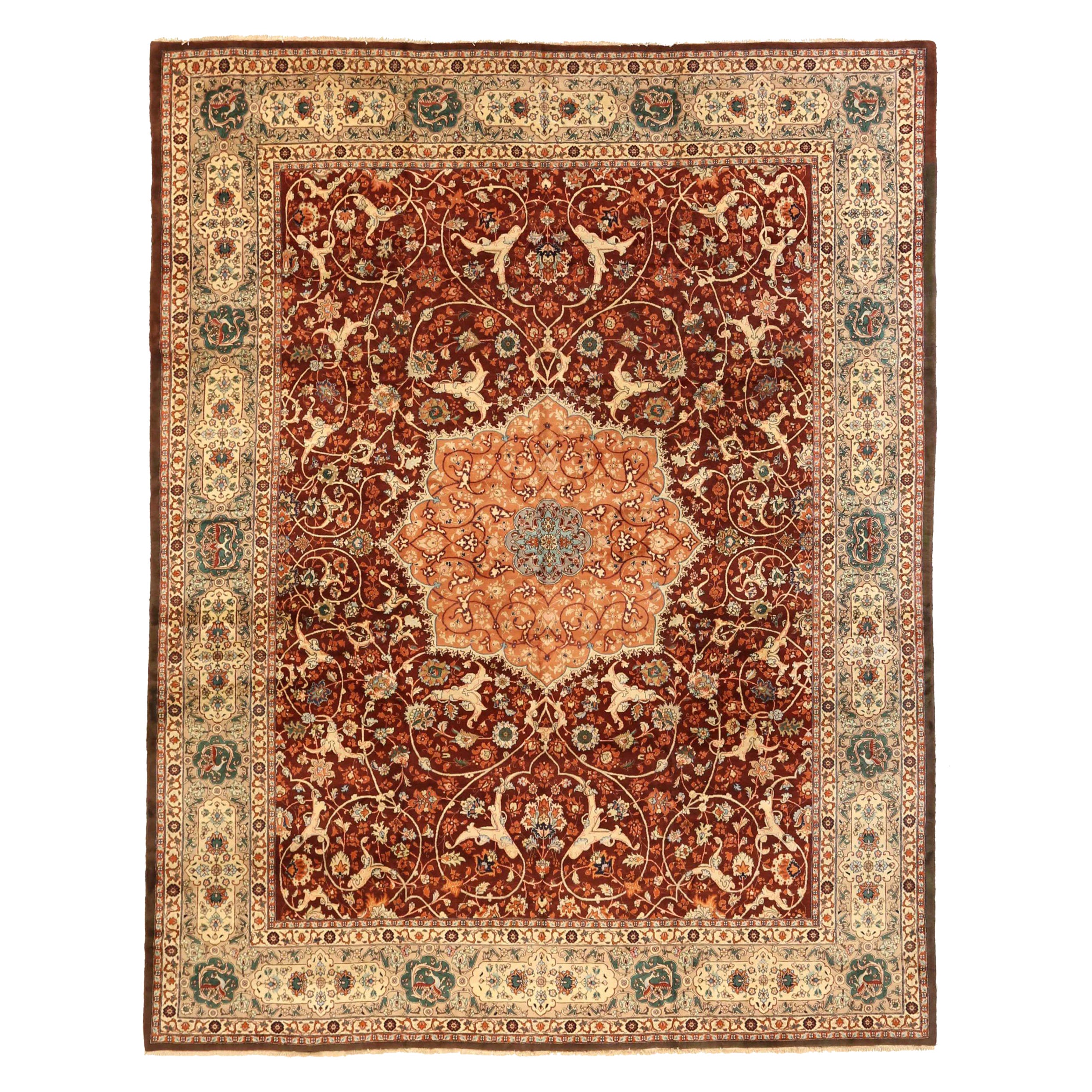 Persische Täbris-Teppiche um 1910 - Wolle Elfenbein Orange Rot 72614