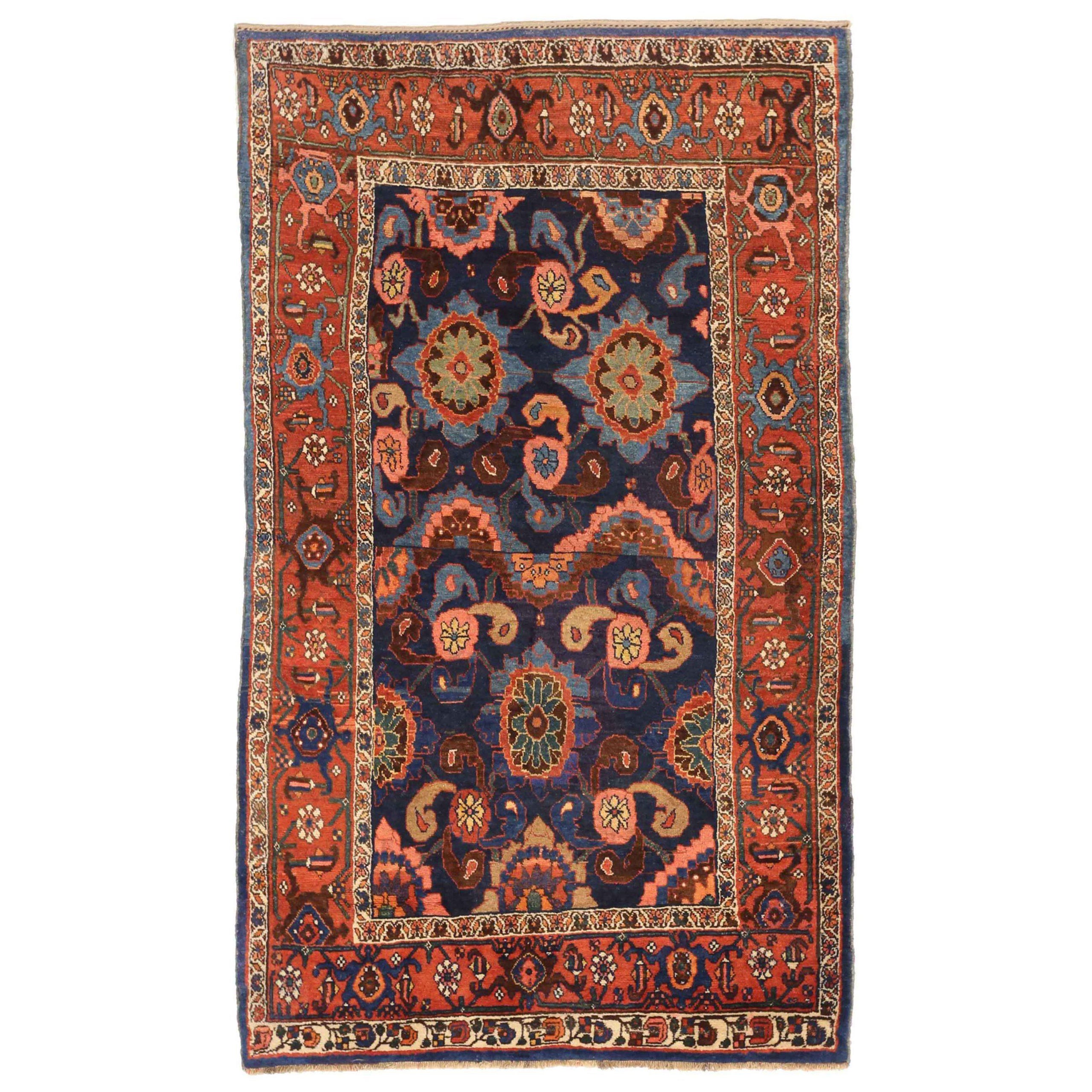 Persischer Bijar Kleiner Teppich Circa 1910 - Wolle Blau Elfenbein Rosa Rot 72675
