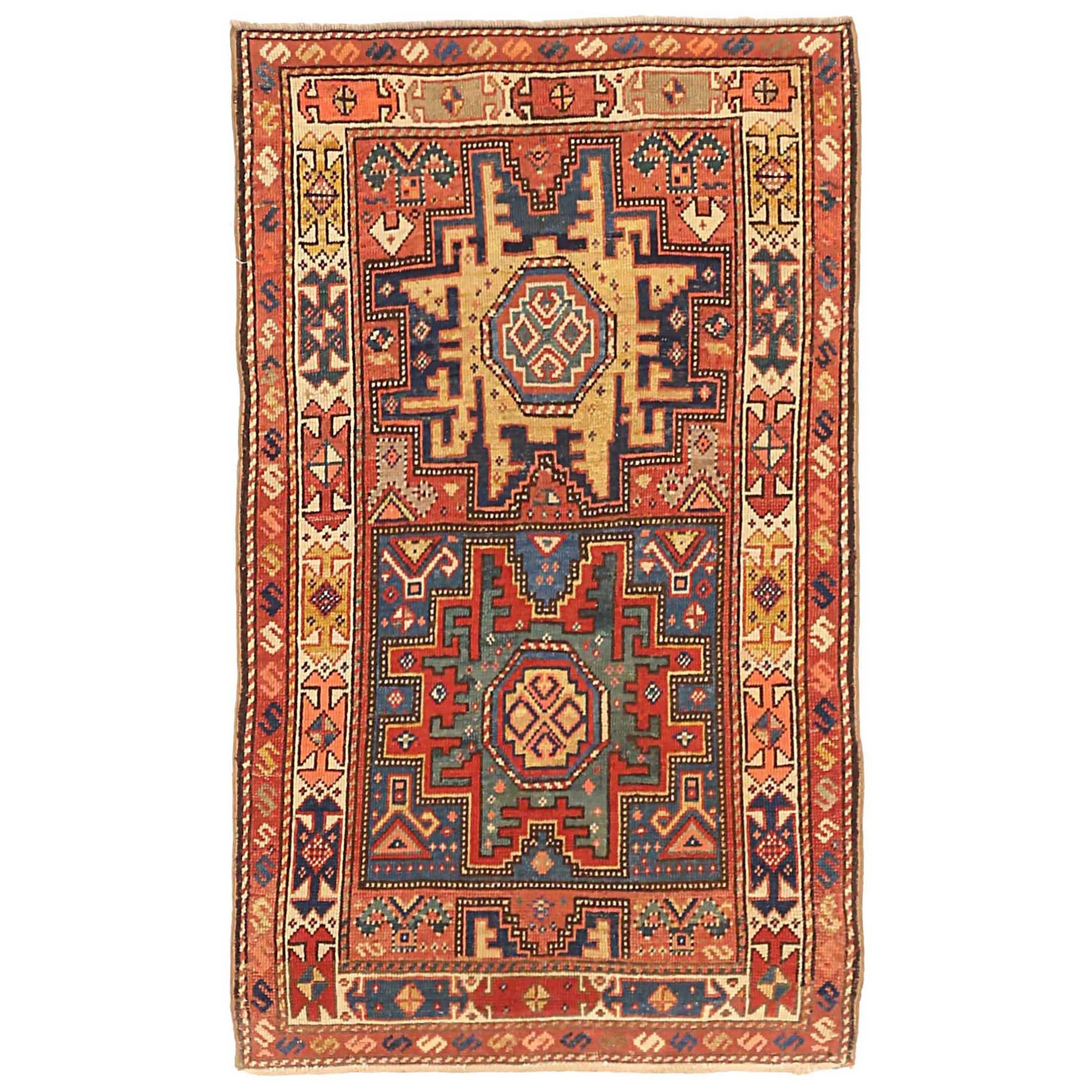 Alfombra Rusa Kazak Pequeña Circa 1910 - Lana Azul Rojo Amarillo 72689