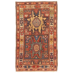 Alfombra Rusa Kazak Pequeña Circa 1910 - Lana Azul Rojo Amarillo 72689