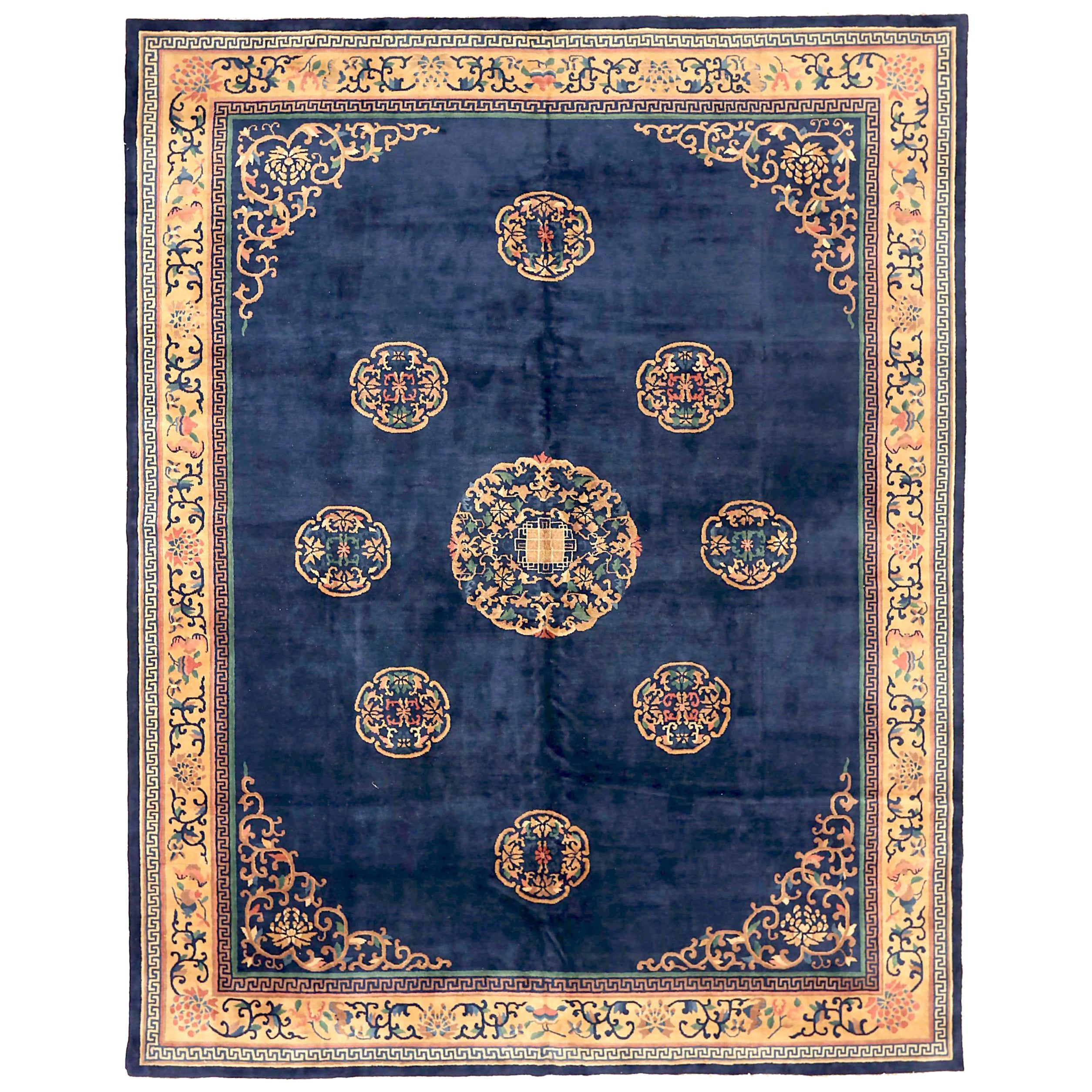 Tapis de Chine des années 1940 - Laine bleu ivoire rose 72727 en vente