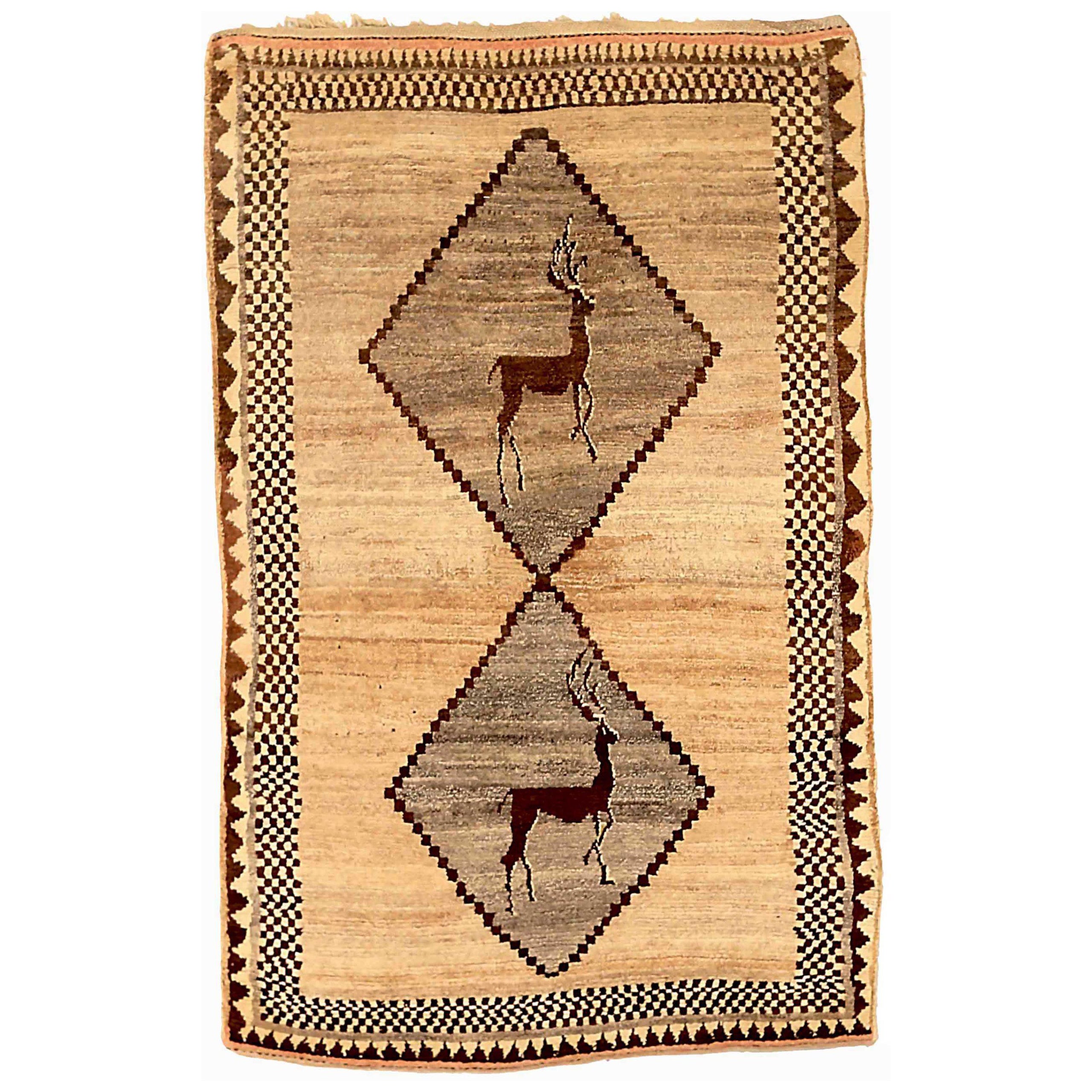 Persischer Gabbeh Kleiner Teppich CIRCA 1940 - Wolle Braun Elfenbein Taupe 72767 im Angebot