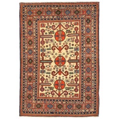 Petit tapis russe d'Azerbaïdjan Circa 1910 - Laine Bleu Ivoire Rouge 72741