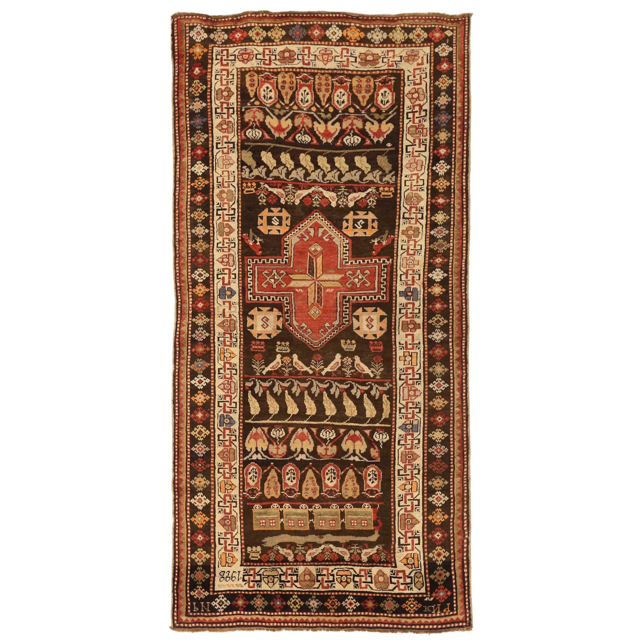 Russian Karabagh Small Rug Circa 1910 - Wool Brown Ivory Red 72786