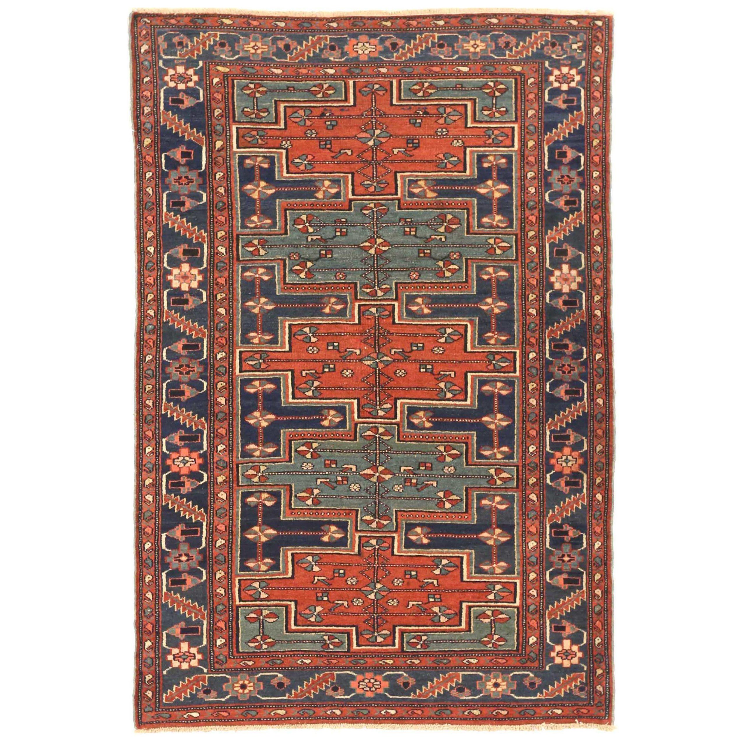 Alfombra Persa Zanjan Pequeña Circa 1910 - Lana Azul Azul Marino Rojo 72841