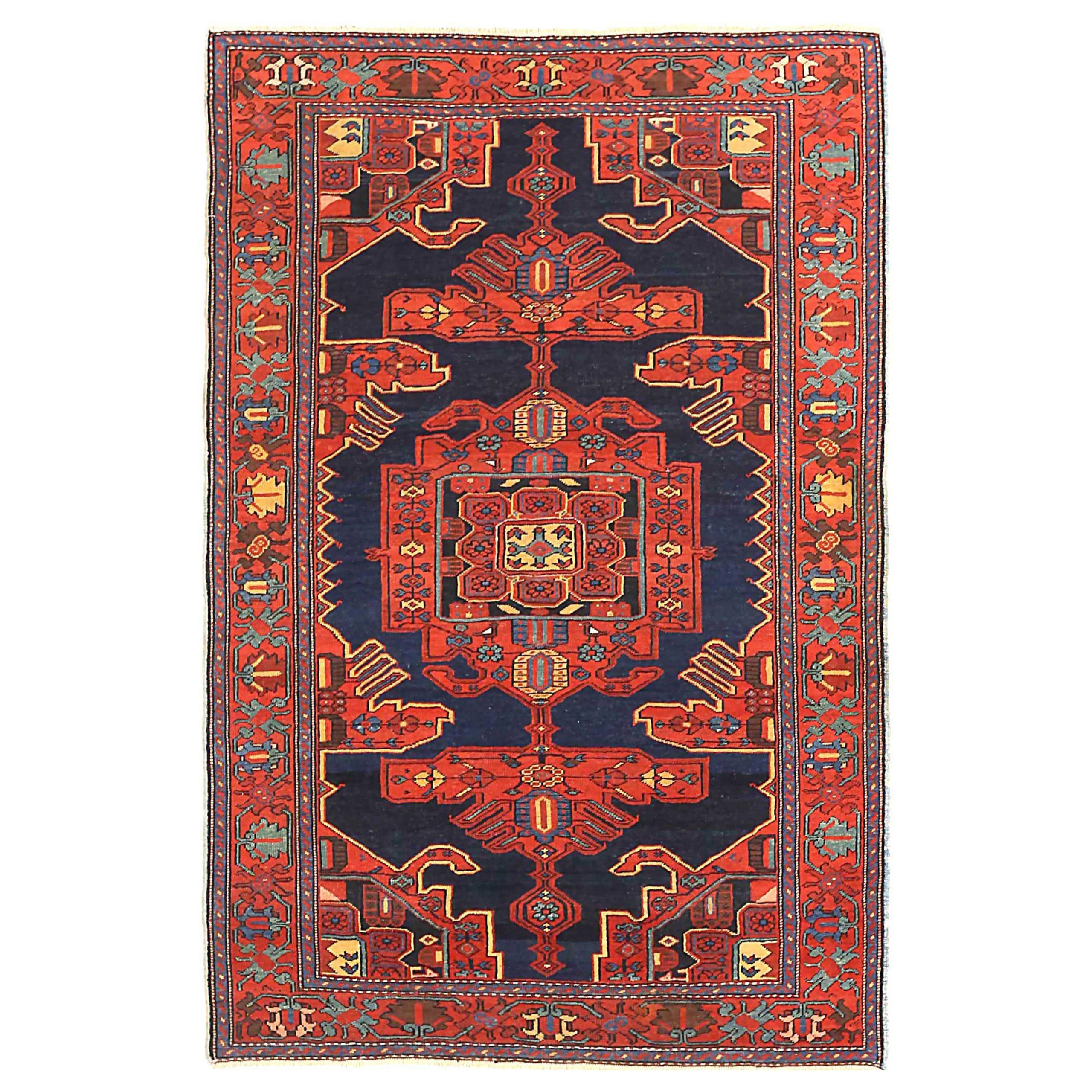 Alfombra Persa Malayer Pequeña Circa 1910 - Lana Azul Marino Rojo Amarillo 72842