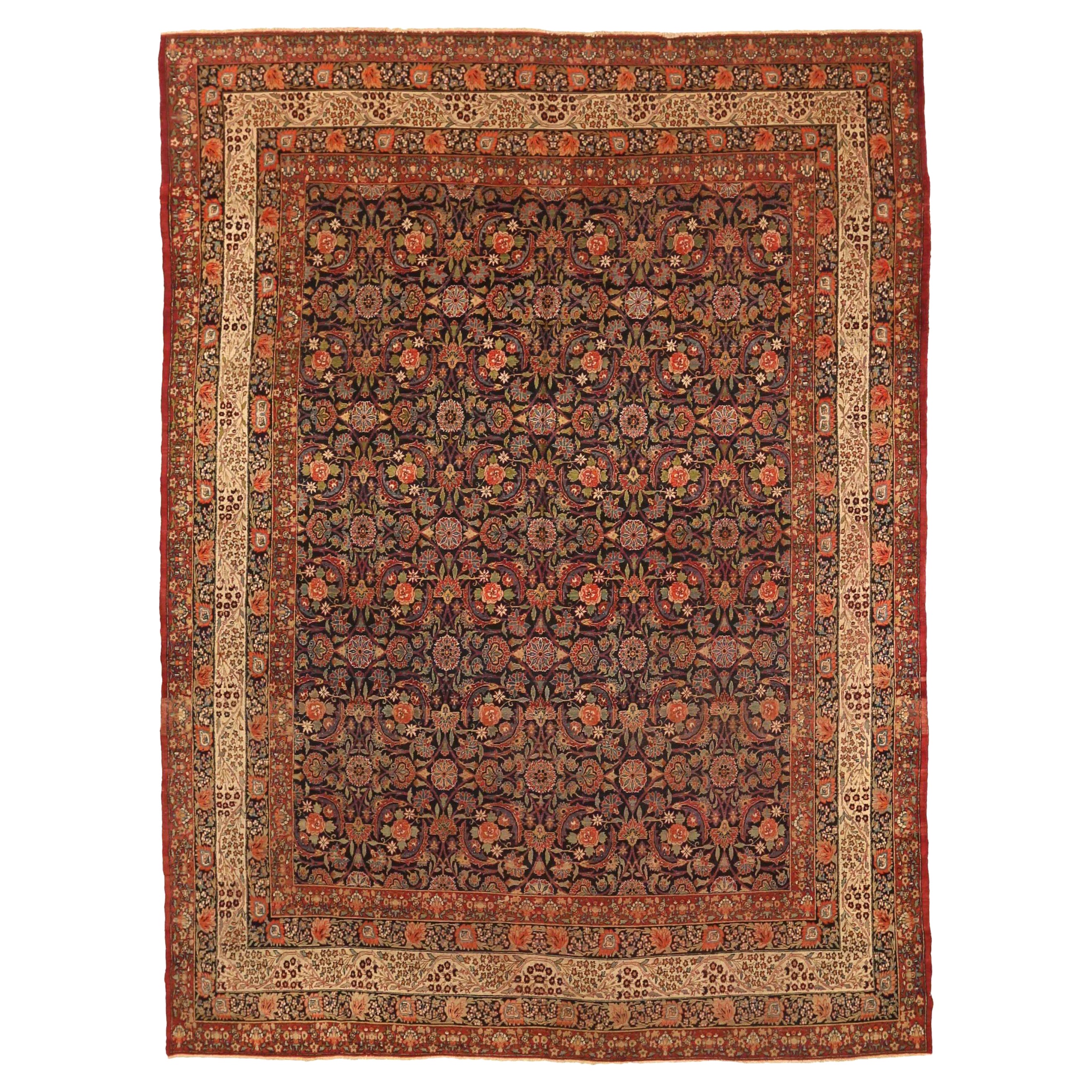 Tapis persan Kerman Circa 1910 - Laine Ivoire Bleu marine Rouge 72858
