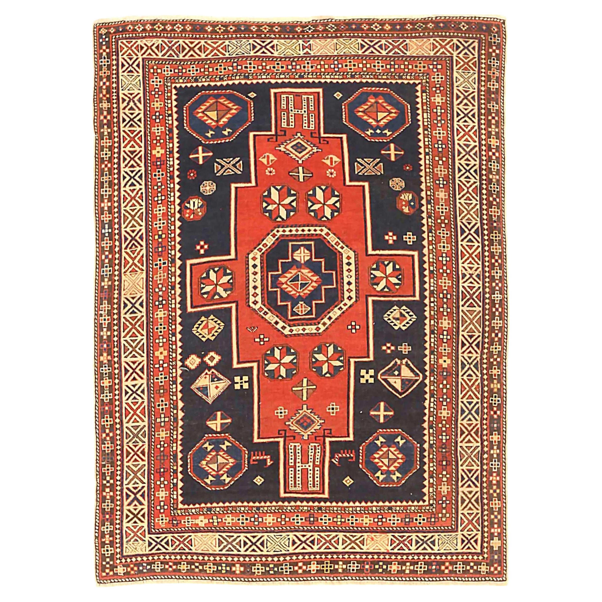 Alfombra Rusa Shirvan Pequeña Circa 1940 - Lana Negro Marfil Rojo 72873