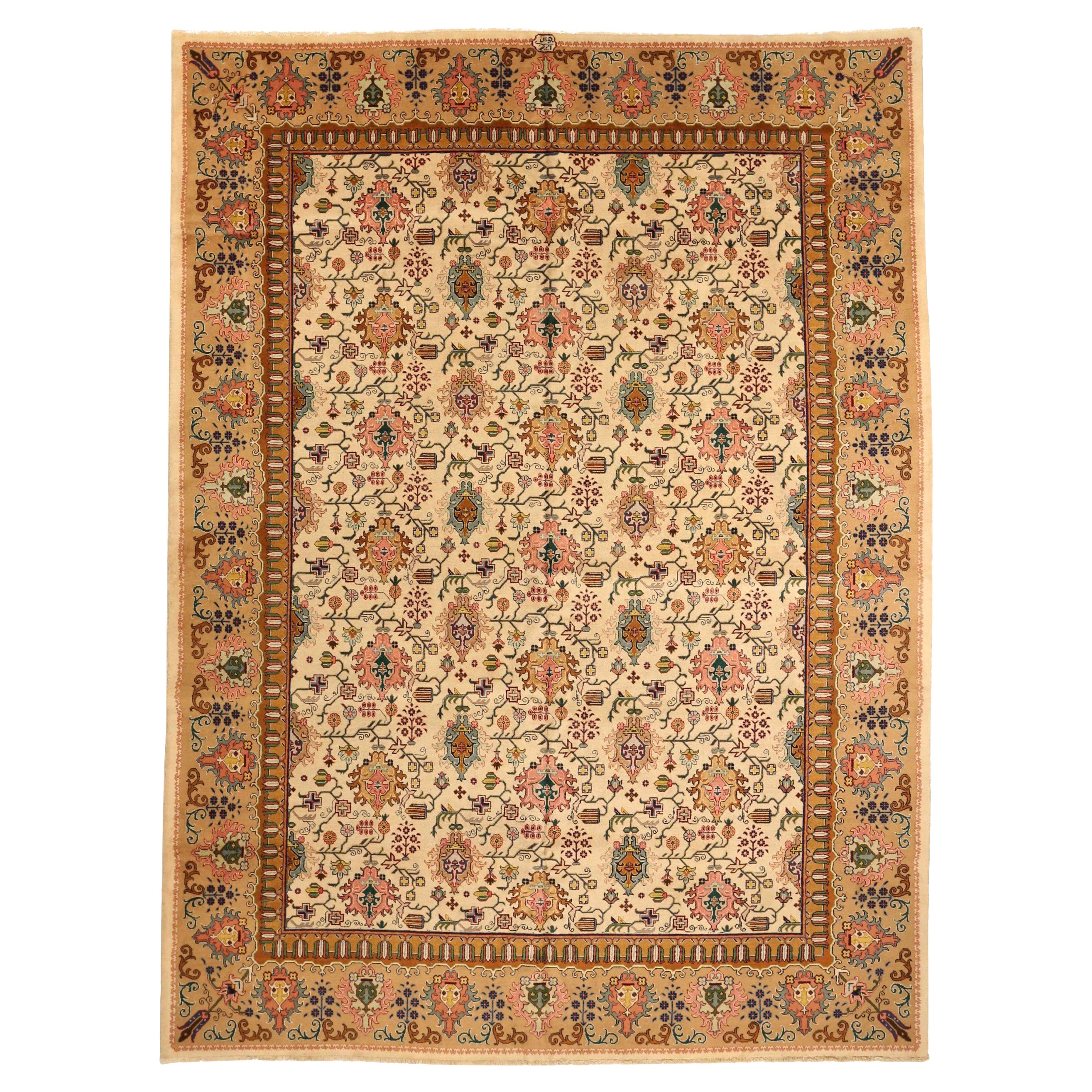 Tapis persans de Tabriz datant d'environ 1940 - Laine ivoire rose jaune 72887