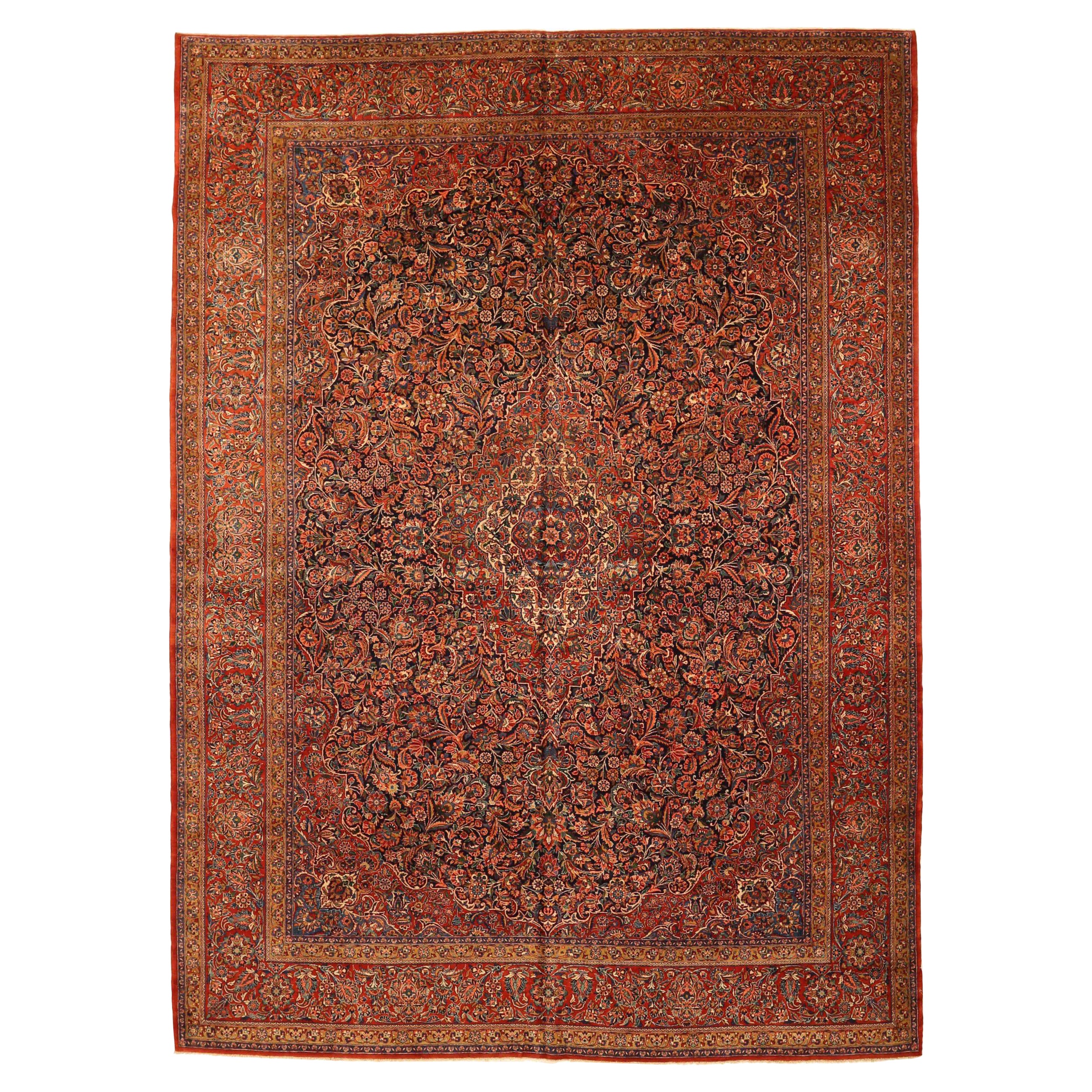Tapis persan Ghazvin Circa 1940 - Laine Bleu marine Rouge Jaune 72894