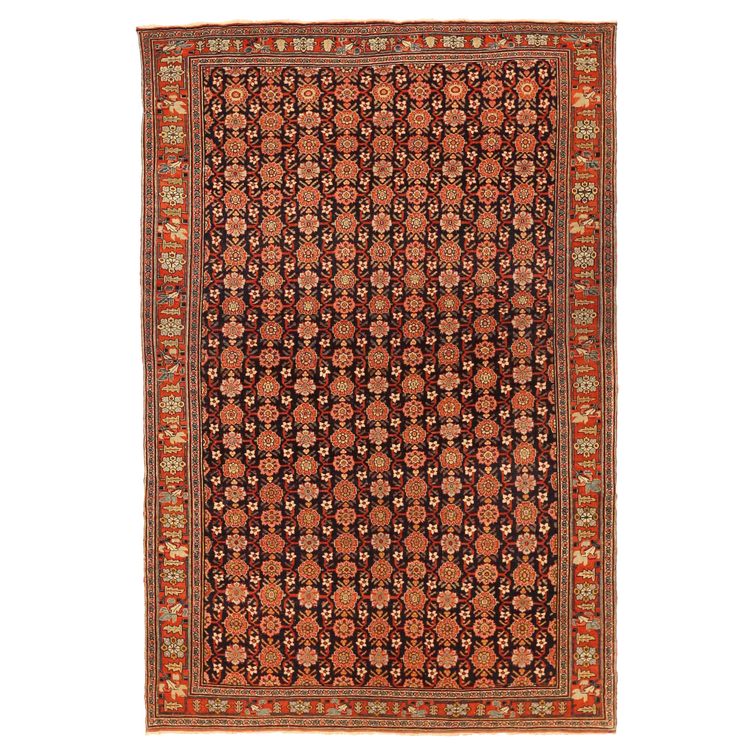 Persian Bijar Small Rug Circa 1940 - Wool Ivory Navy Blue Red 72974