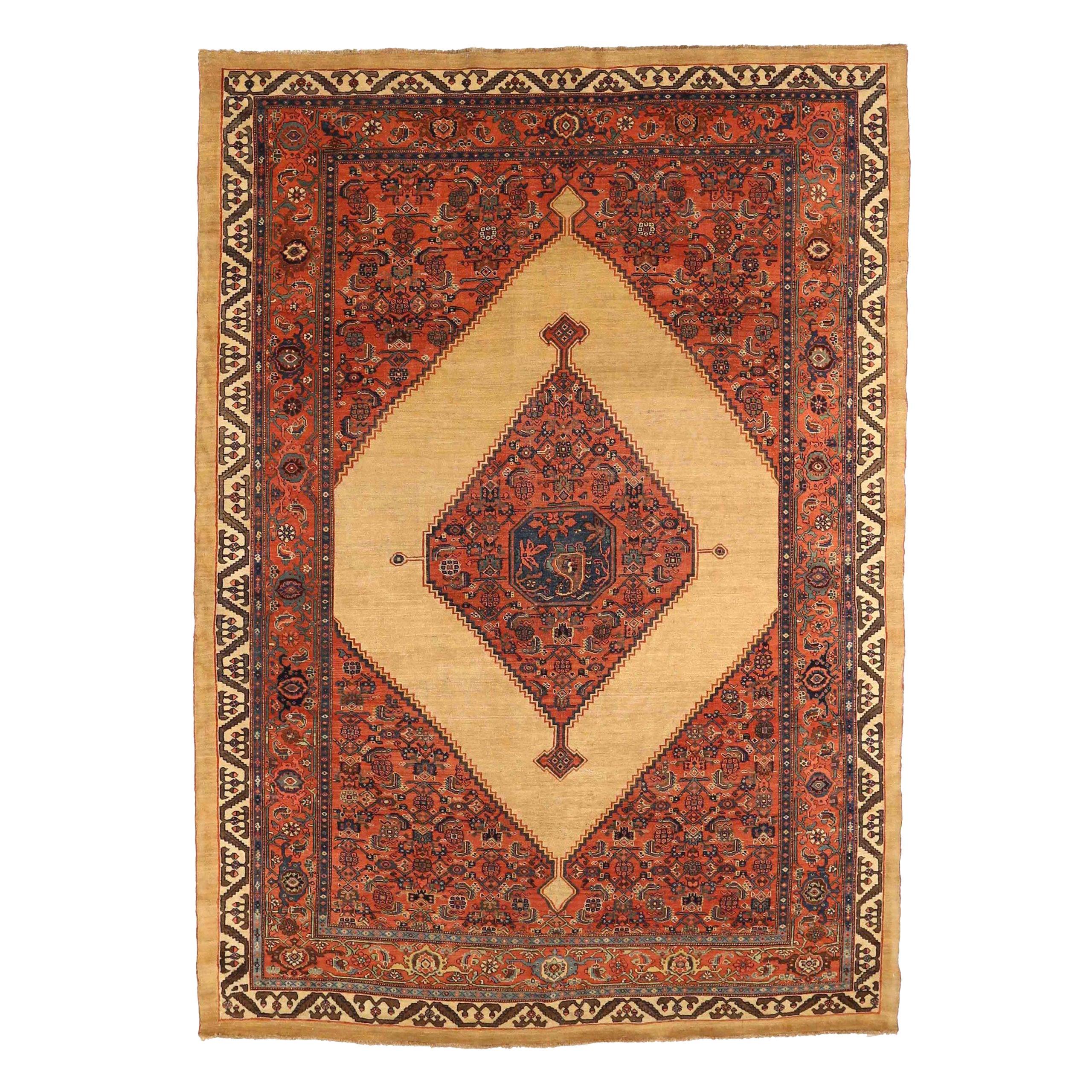 Tapis persan Bijar Circa 1880 - Laine Ivoire Bleu marine Rouge 73072 en vente