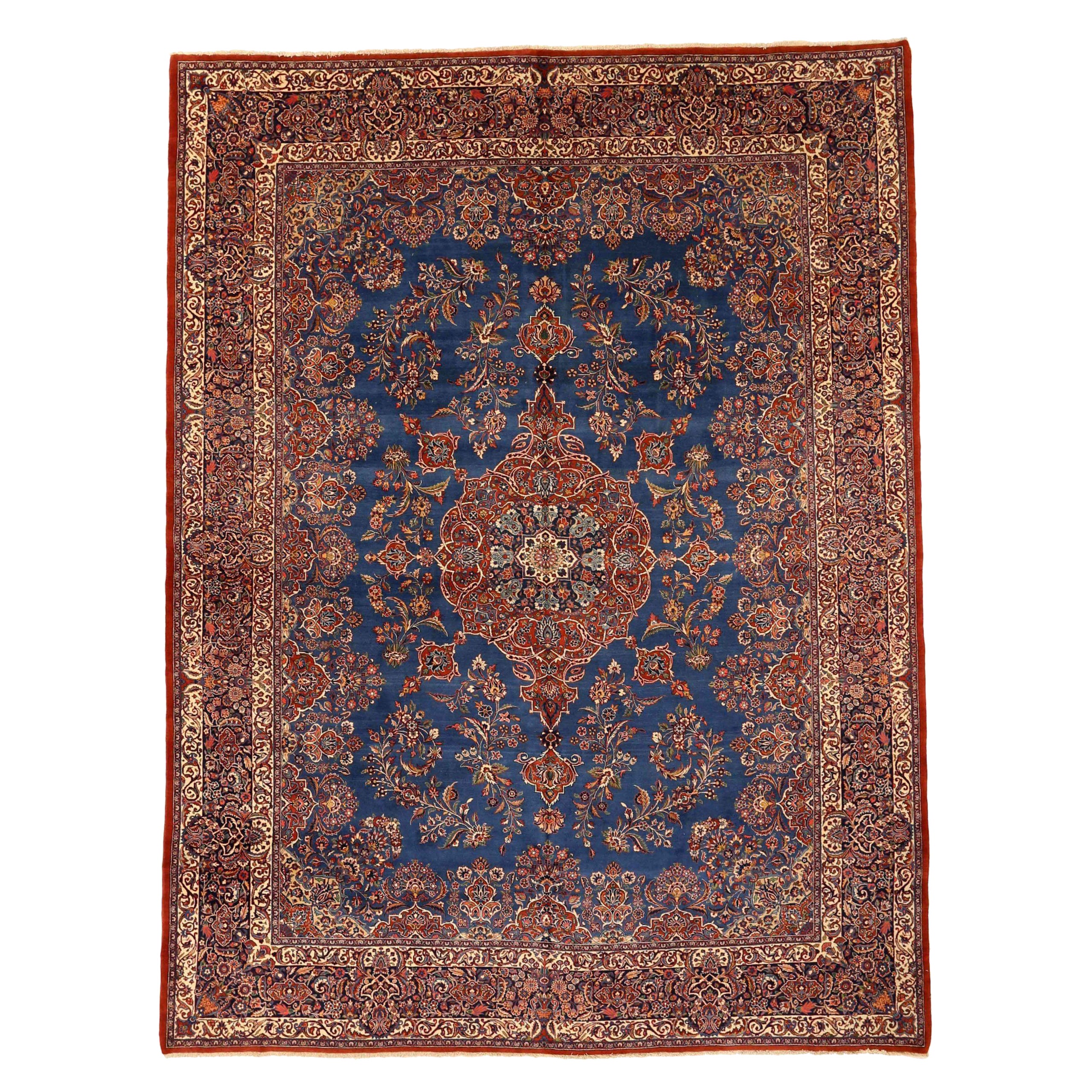 Tapis persan Ghazvin Circa 1940 - Laine Bleu Ivoire Rouge 73073 en vente