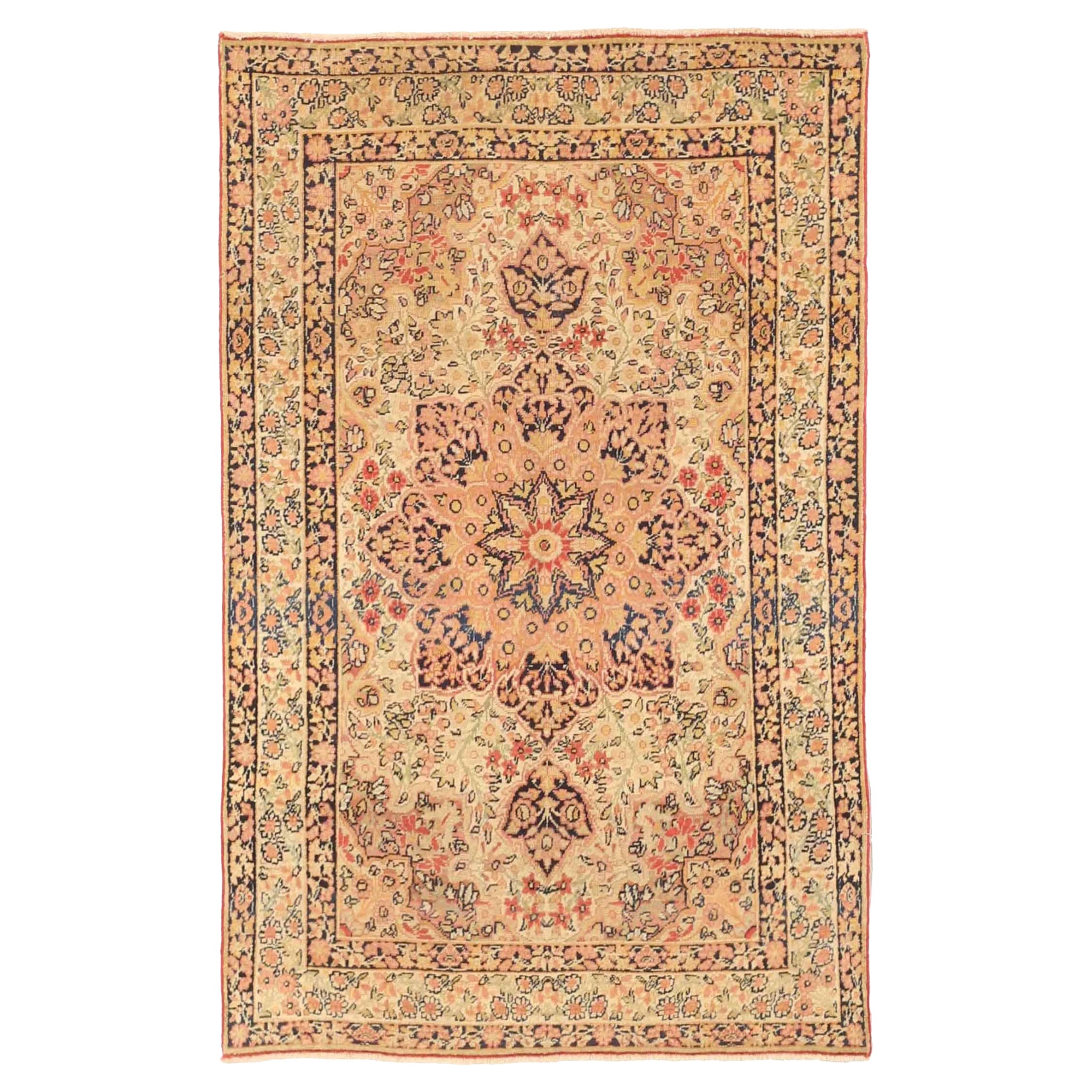 Petit tapis persan Kerman vers 1940 - Laine ivoire rose 73075 en vente