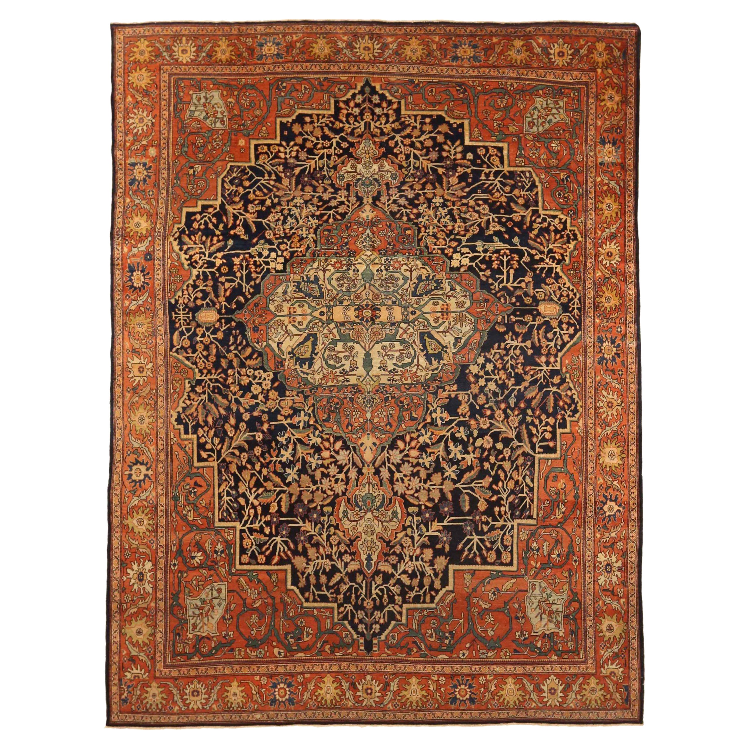 Tapis persan Farahan Circa 1880 - Laine Ivoire Bleu marine Rouge 73143