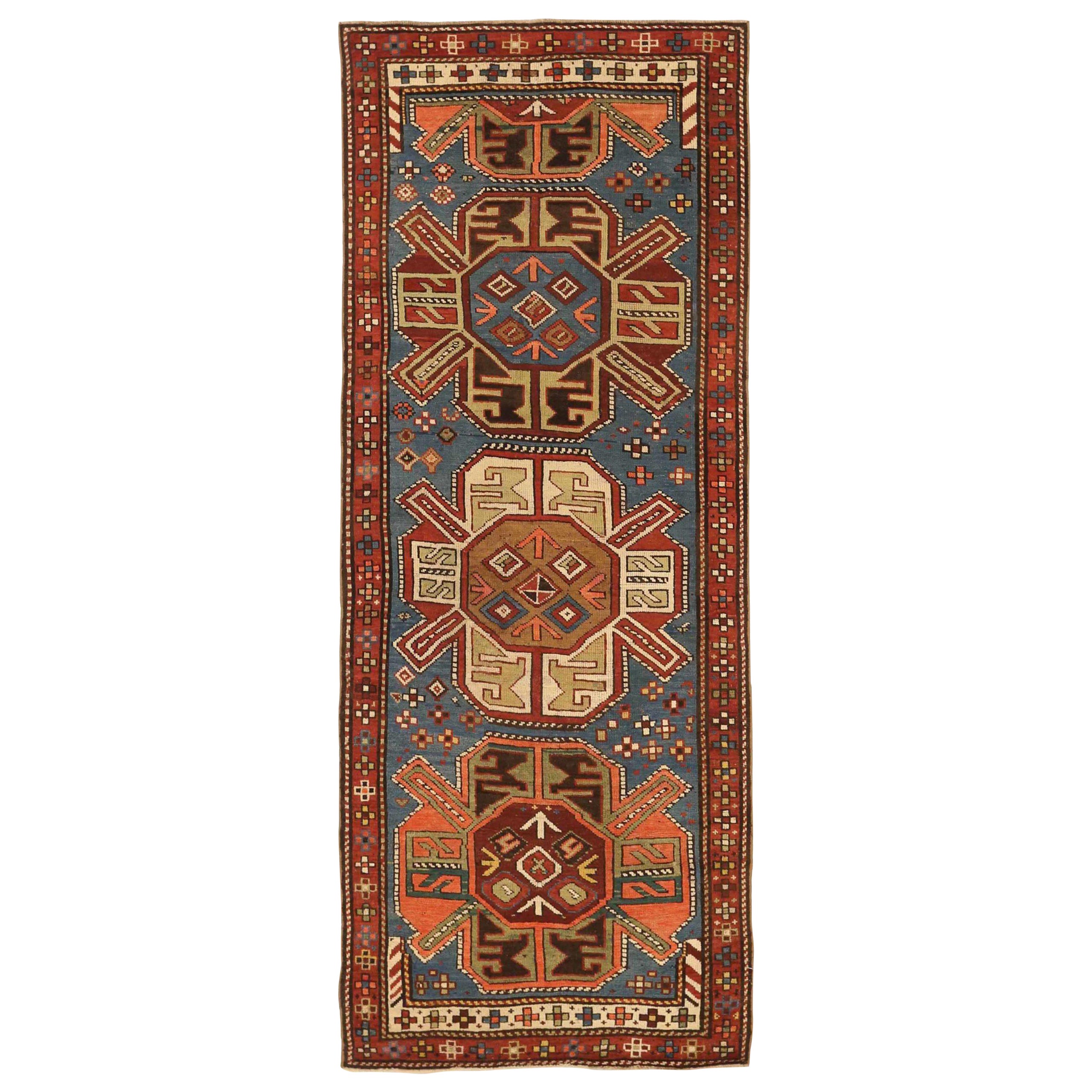 Russian Karabagh Small Rug - Wool Blue Ivory Red 73290 For Sale