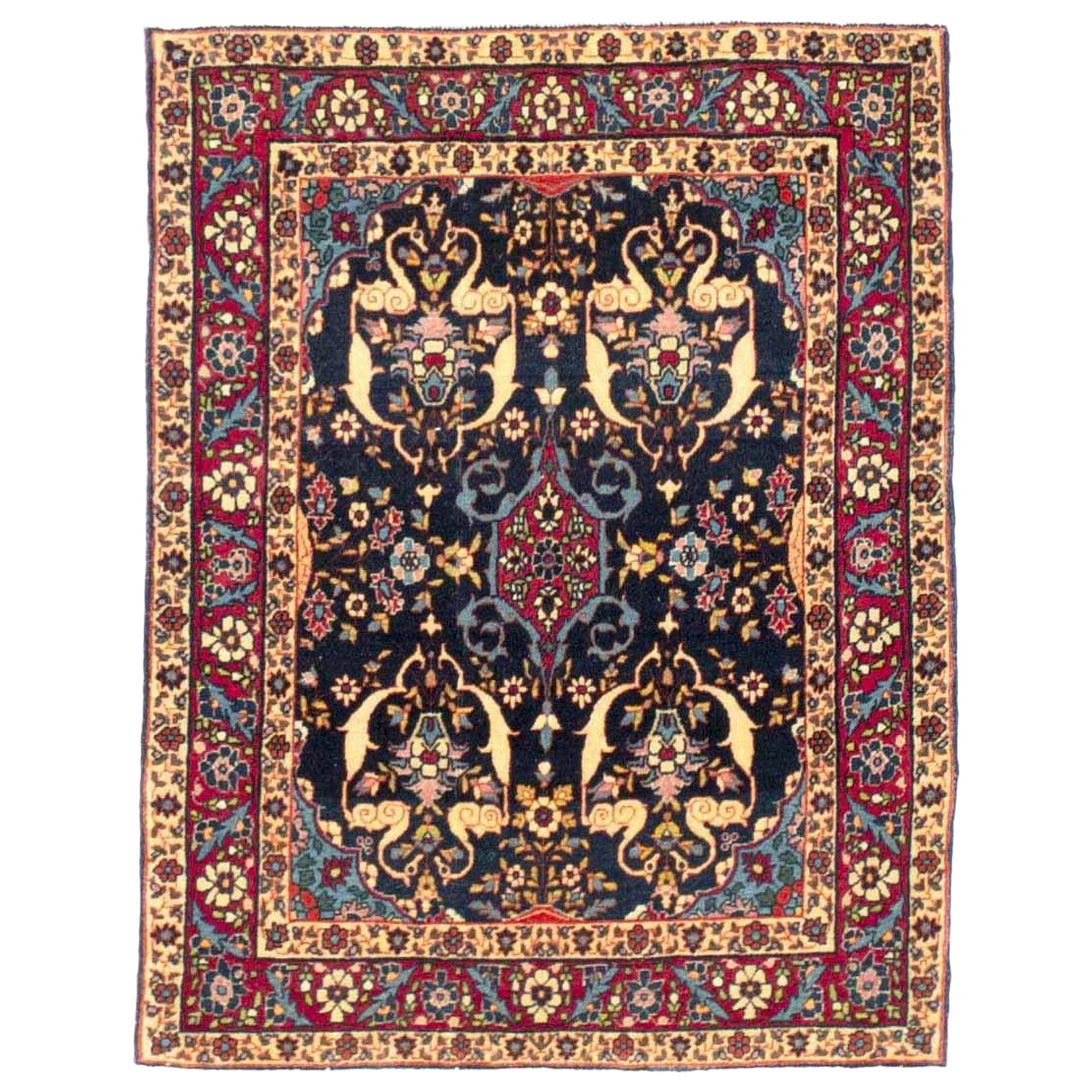 Alfombra Persa Teherán Pequeña Circa 1910 - Lana Marfil Azul Marino Rojo 73353