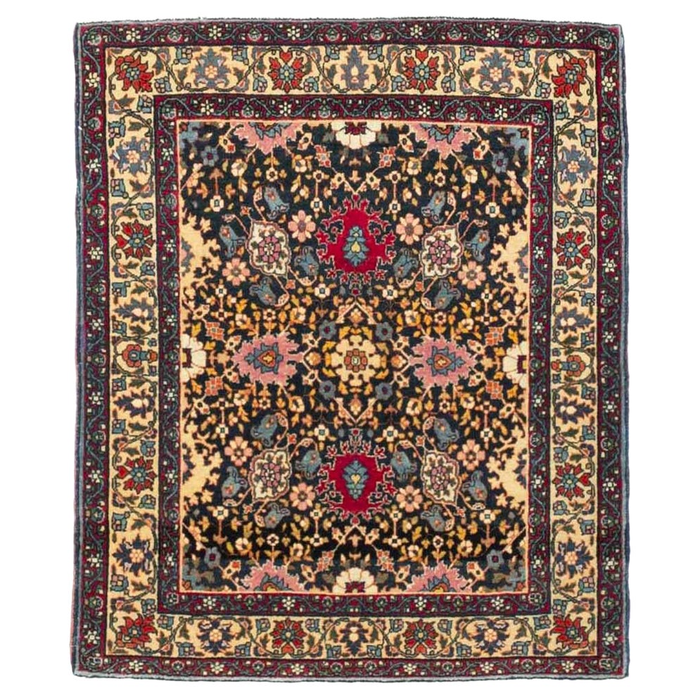 Petit tapis persan de Téhéran Circa 1910 - Laine Ivoire Bleu marine Rose 73354
