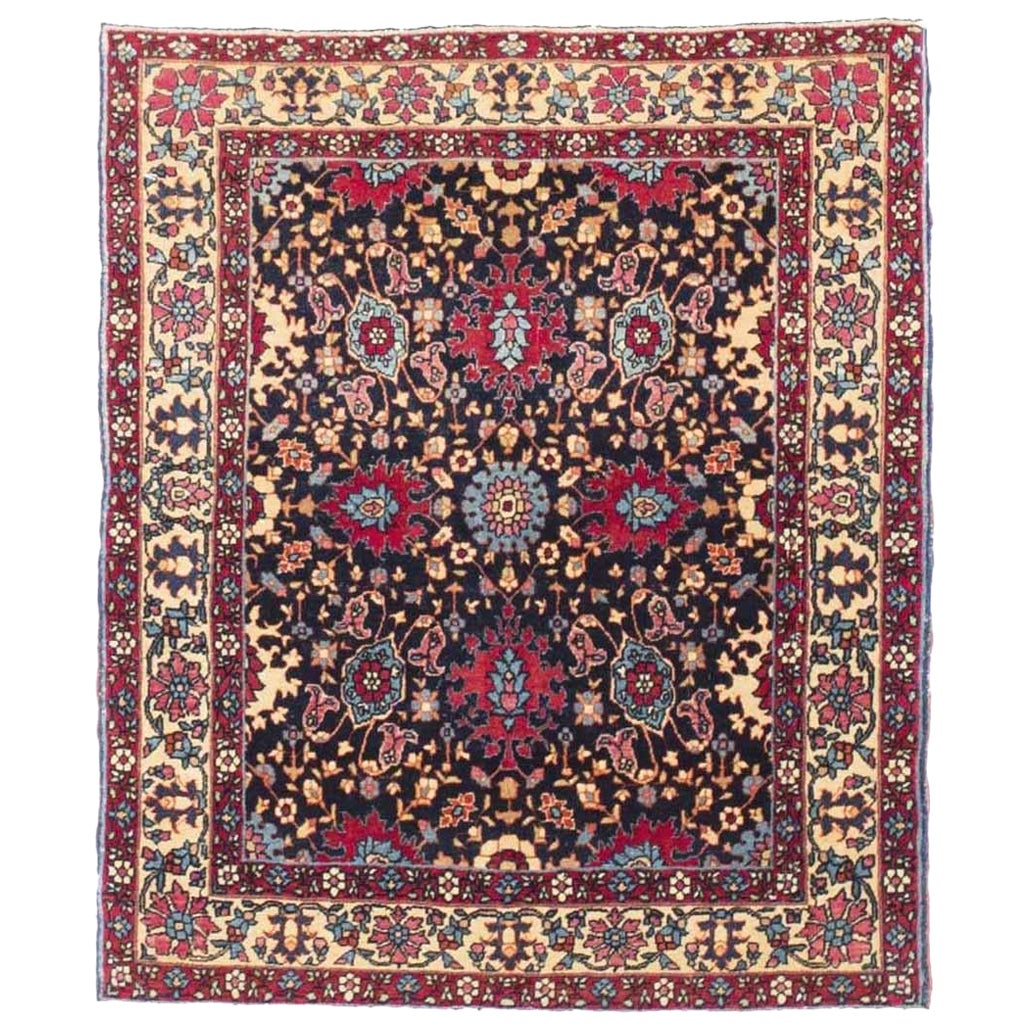 Petit tapis persan de Téhéran datant d'environ 1910 - Laine ivoire bleu marine bleu rose 73355