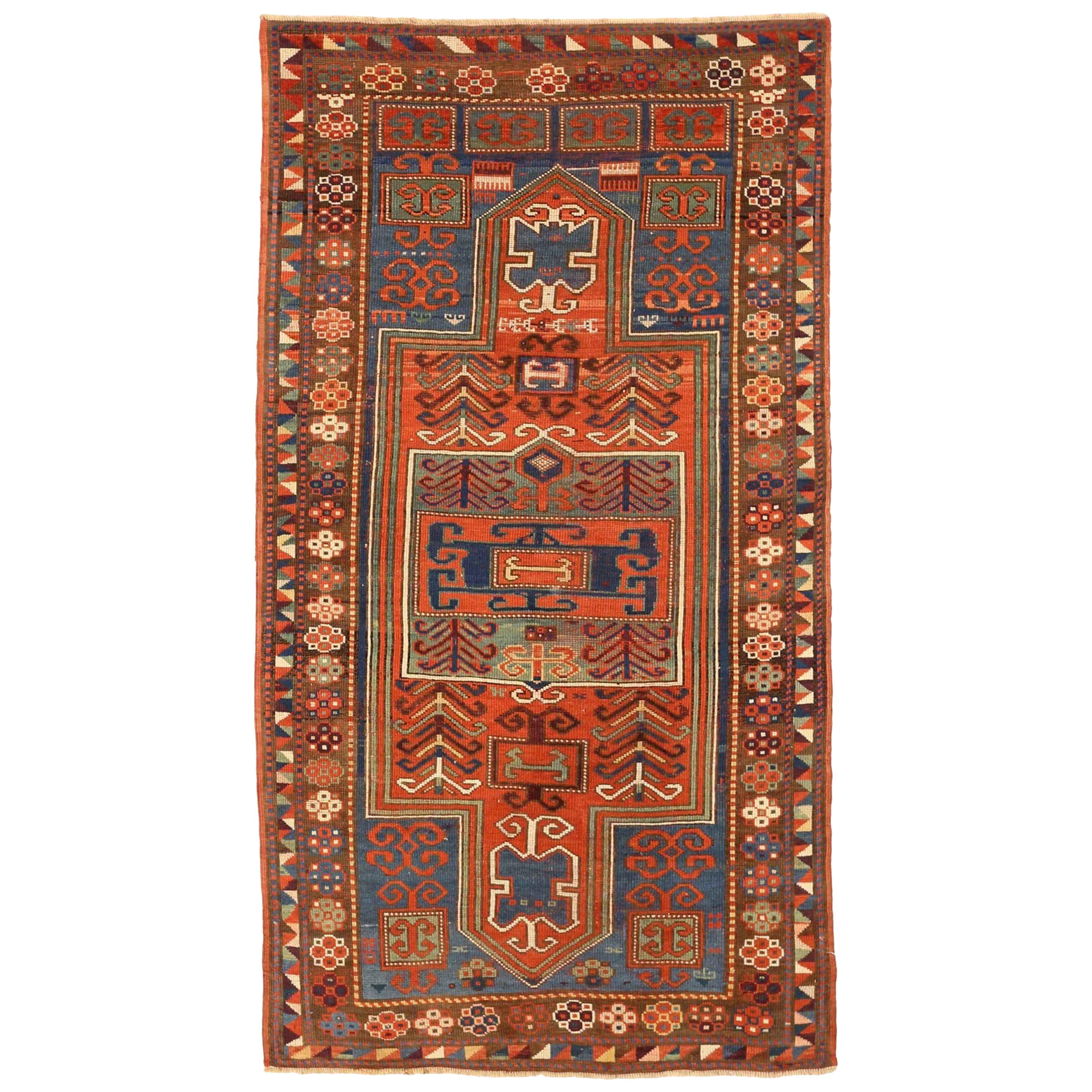 Alfombra Rusa Kazak Pequeña - Lana Azul Marfil Rojo 73470 en venta