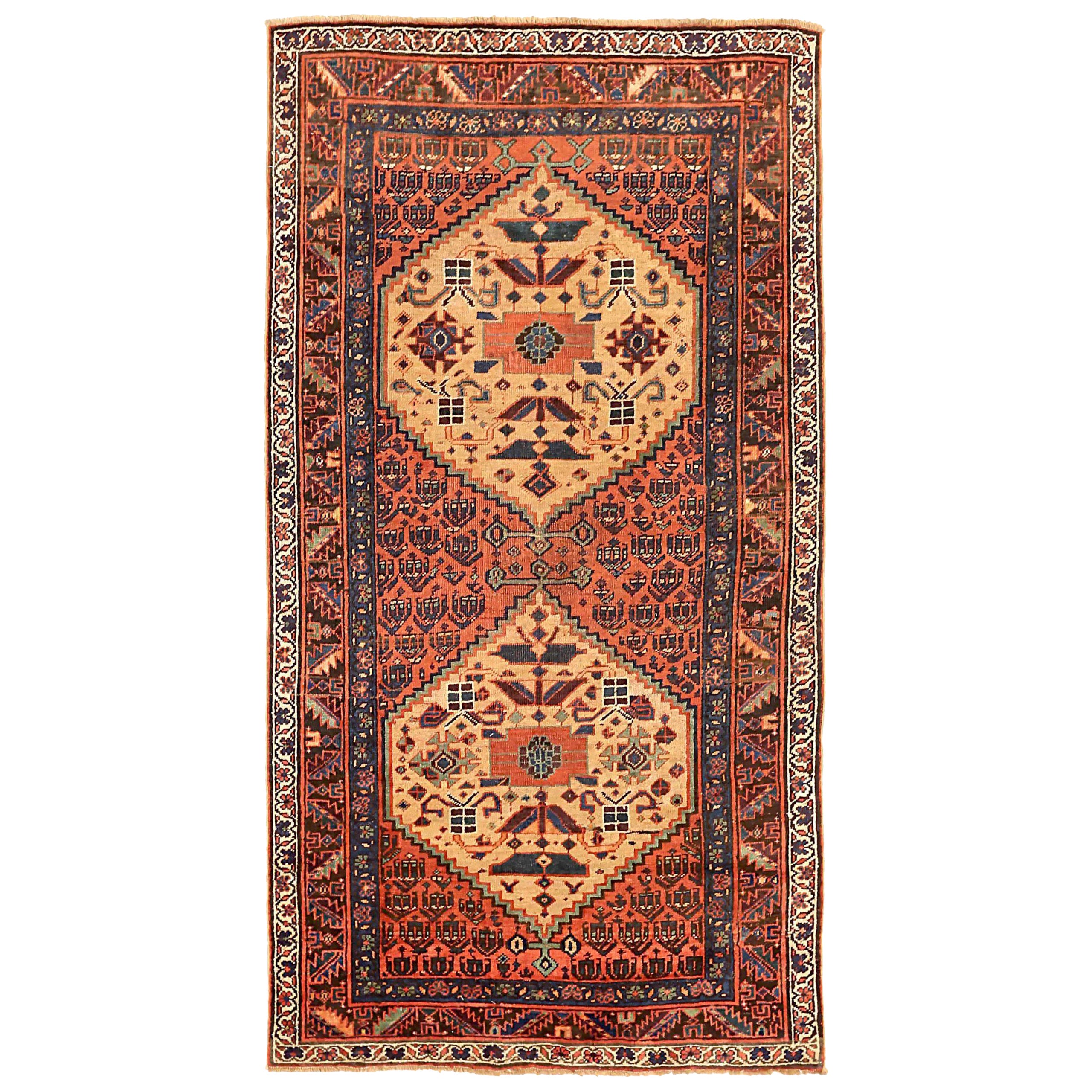 Persian Bijar Small Rug - Wool Navy Blue Red Yellow 73498