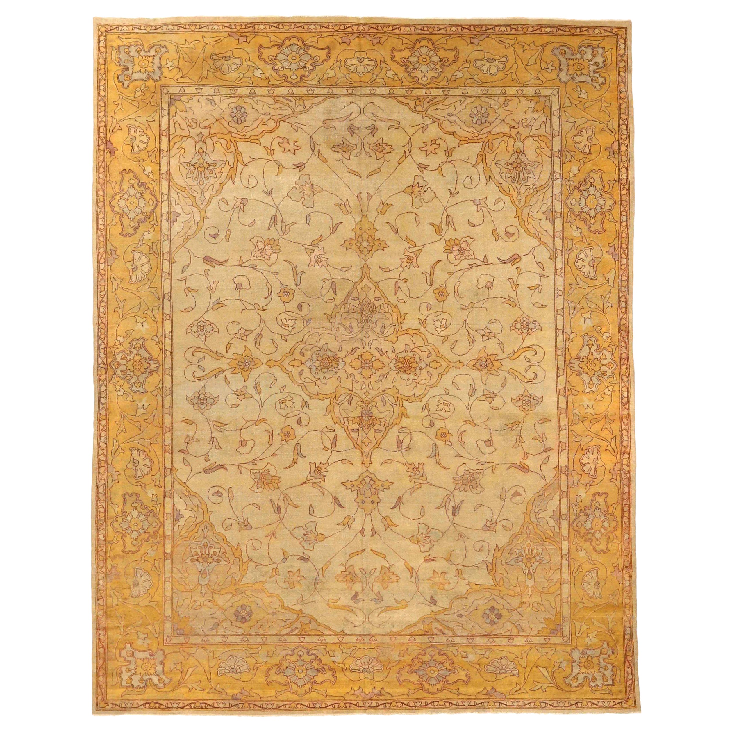 Tapis d'Agra d'Inde datant d'environ 1910 - Laine ivoire jaune et jaune 73634