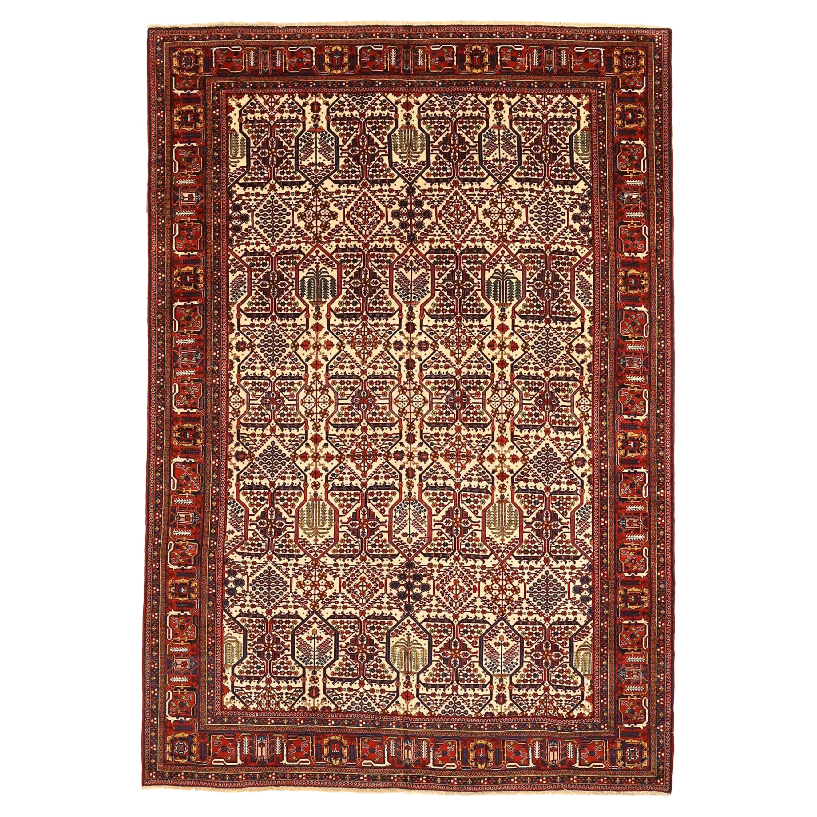 Tapis persan Maymeh Circa 1940 - Laine Ivoire Bleu marine Rouge 73718